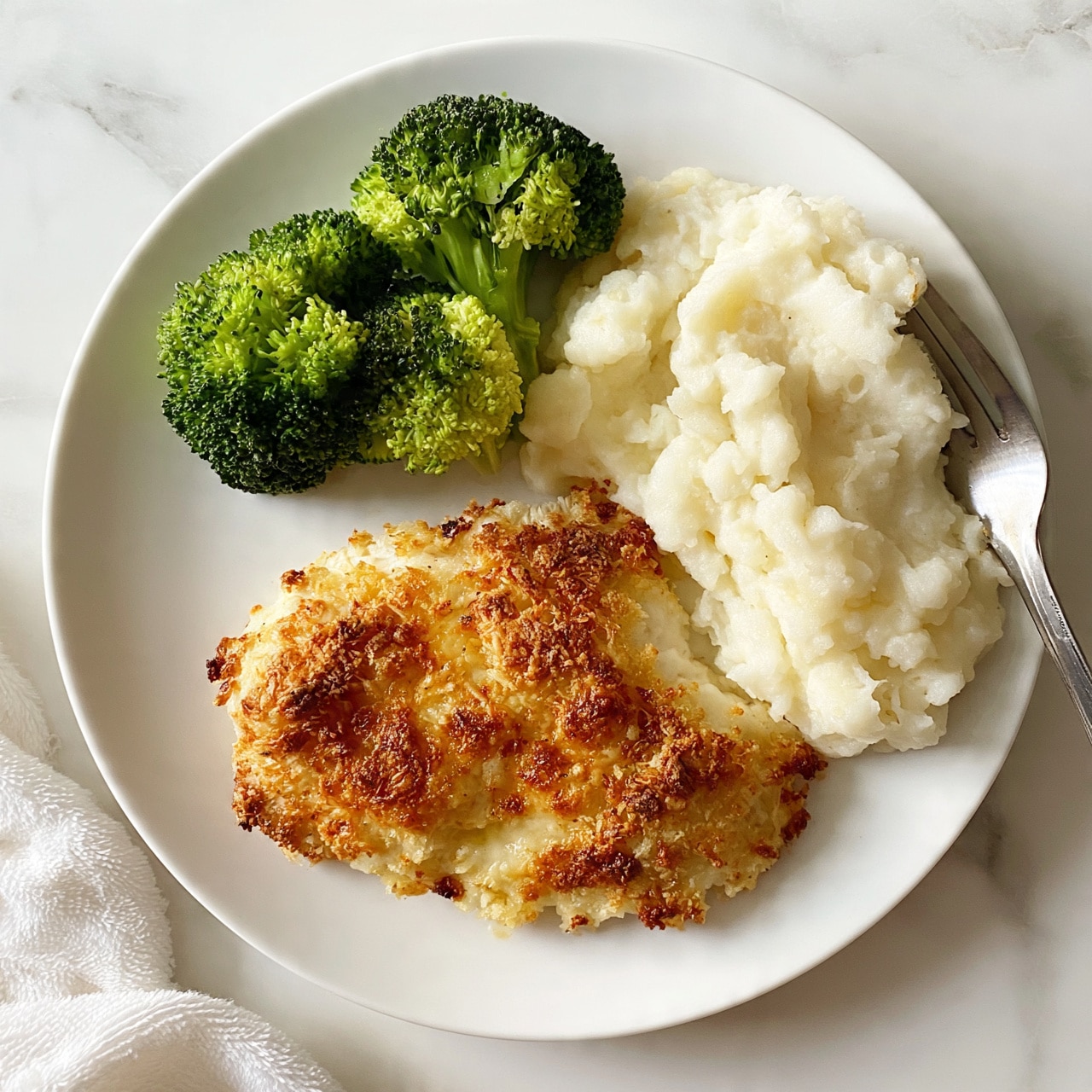 square image The image shows a white plate with a piece of golden brown baked chicken covered in a crispy breadcrumb layer, placed at the bottom center of the plate. Above the chicken are three bright green steamed broccoli florets with a slightly rough texture. To the right side of the chicken is a smooth, creamy mound of white mashed potatoes. A silver fork rests partially in the mashed potatoes, on the right edge of the plate. The plate is set on a white marbled surface with a soft white cloth partially visible in the lower left corner. photo taken with an iphone --ar 4:5 --v 7