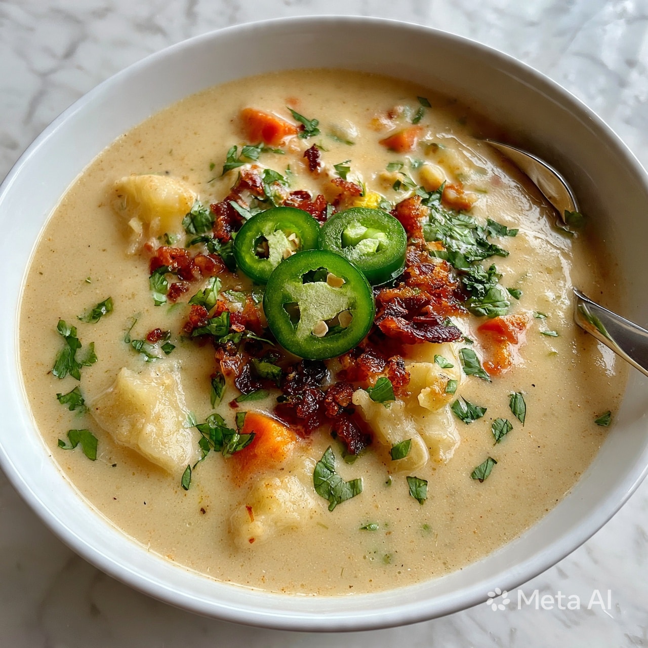 square image  A creamy light beige soup fills a white bowl, with visible soft chunks of potatoes and orange carrot pieces floating within the smooth texture. On top, bright green jalapeño slices are placed near the center, along with small crispy reddish-brown bacon bits scattered around. Fresh green herb leaves are dotted across the surface, adding a touch of vibrant color. A silver spoon rests partially submerged in the soup on the right side. The bowl is set on a white marbled textured surface. photo taken with an iphone --ar 4:5 --v 7