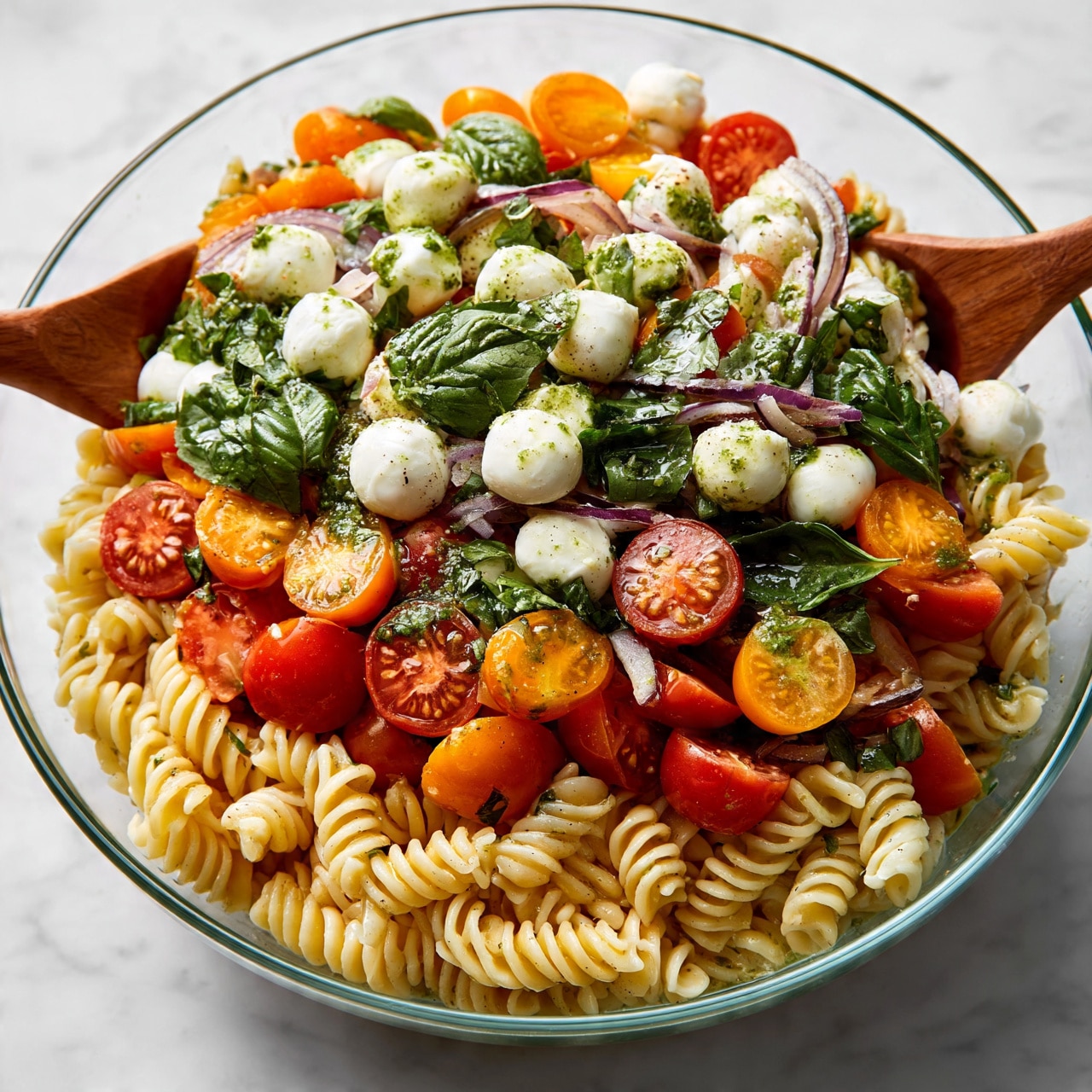 square image The image shows a clear glass bowl filled with a colorful pasta salad featuring three main layers: the bottom layer is pale yellow spiral pasta, the middle layer contains bright red and orange cherry tomato halves, and the top layer is made up of small white mozzarella balls, deep green basil leaves, and some thin slices of purple onion. Everything is mixed and coated with a green sauce, giving a fresh look, with two wooden spoons partially submerged on opposite sides. The background surface is a white marbled texture. Photo taken with an iphone --ar 4:5 --v 7