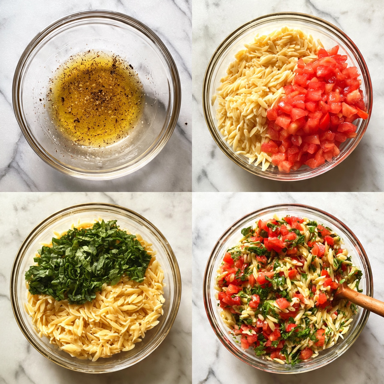 square image A clear glass bowl sits on a white marbled surface, shown in four steps of making a salad. In the first step, the bowl holds a yellowish dressing with visible black pepper and spices floating on top, giving a slightly oily and textured look. In the second step, pale yellow orzo pasta is added on one side of the bowl, partially covering the dressing underneath. The third step shows the orzo pasta at the bottom, topped with bright red diced tomatoes on the right side and deep green chopped basil leaves on the left, both fresh and chunky. The fourth step features all ingredients mixed together with a wooden spoon—the orzo, red tomatoes, and green basil are evenly spread throughout the bowl, creating a colorful and fresh salad mix. Photo taken with an iphone --ar 4:5 --v 7