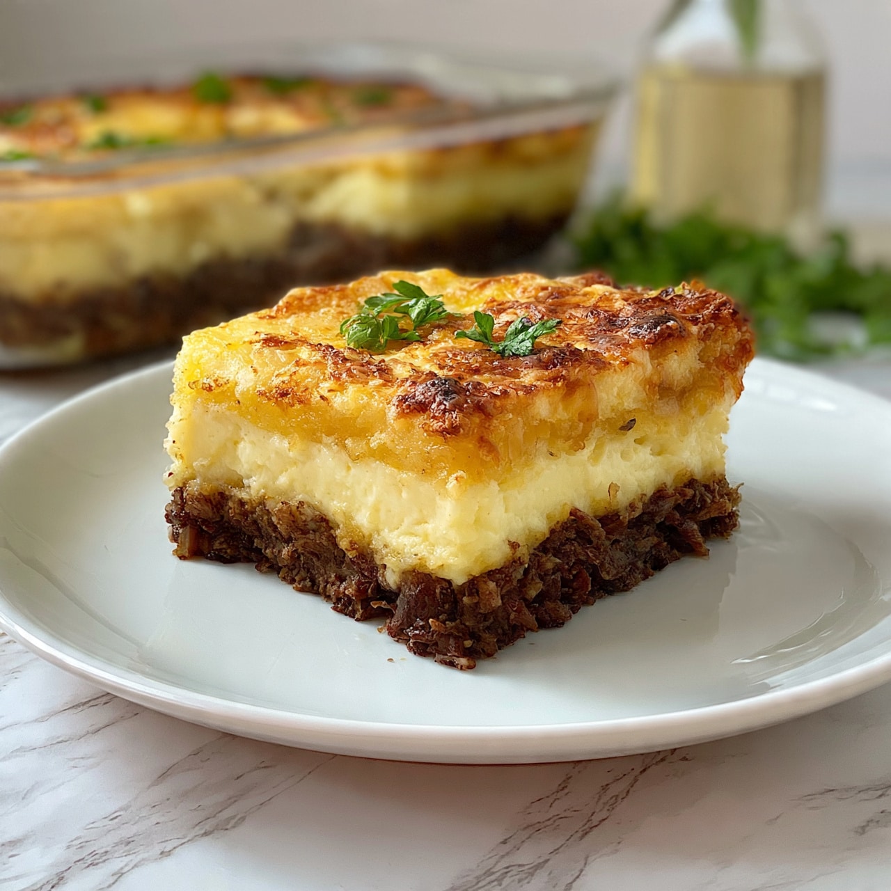 square image A square piece of layered dish sits in the middle of a white plate on a white marbled surface. The dish has three visible layers: a bottom layer with dark brown cooked meat, a middle layer of light yellow creamy sauce, and a top layer of golden brown baked topping with small green parsley leaves placed on top for garnish. The background shows a clear glass dish holding the rest of the layered food with the same colors as the piece on the plate, along with some green herbs and a glass bottle with light liquid. Photo taken with an iphone --ar 4:5 --v 7