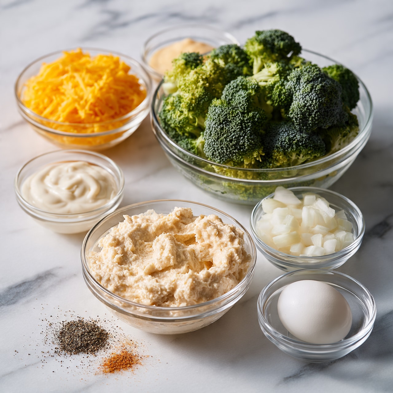 square image The image shows six glass bowls arranged on a white marbled surface, each containing different ingredients for a recipe. On the left side, a bowl with finely shredded bright yellow cheddar cheese sits next to a small bowl filled with a creamy white sauce. To the right, there is a large bowl filled with fresh green broccoli florets. In front of this broccoli bowl is a small bowl with diced white onions. Near the lower center, another bowl holds a creamy mixture that looks thick and light beige in color. Lastly, a small clear bowl contains a single white egg. A small pile of black pepper and a small amount of reddish seasoning sit directly on the surface near the bowls. photo taken with an iphone --ar 4:5 --v 7