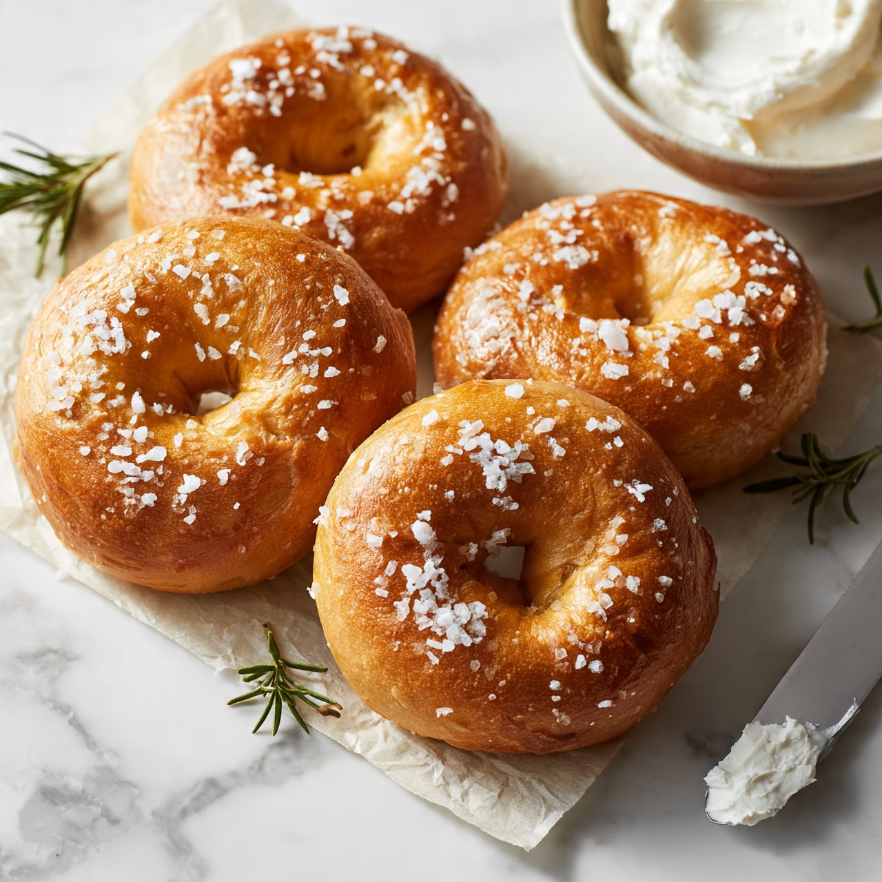square image The image shows five golden-brown bagels with coarse salt sprinkled on top, placed on a piece of parchment paper over a white marbled surface. Some bagels have small rosemary leaves on or near them, adding a touch of green contrast. At the top right, a bowl with white cream cheese is partially visible, offering a smooth, creamy texture. A silver knife with white cream cheese on its tip lies diagonally on the surface near the bottom right corner. The overall setting is bright and clean, with soft light highlighting the texture of the bagels and the salt crystals. photo taken with an iphone --ar 4:5 --v 7