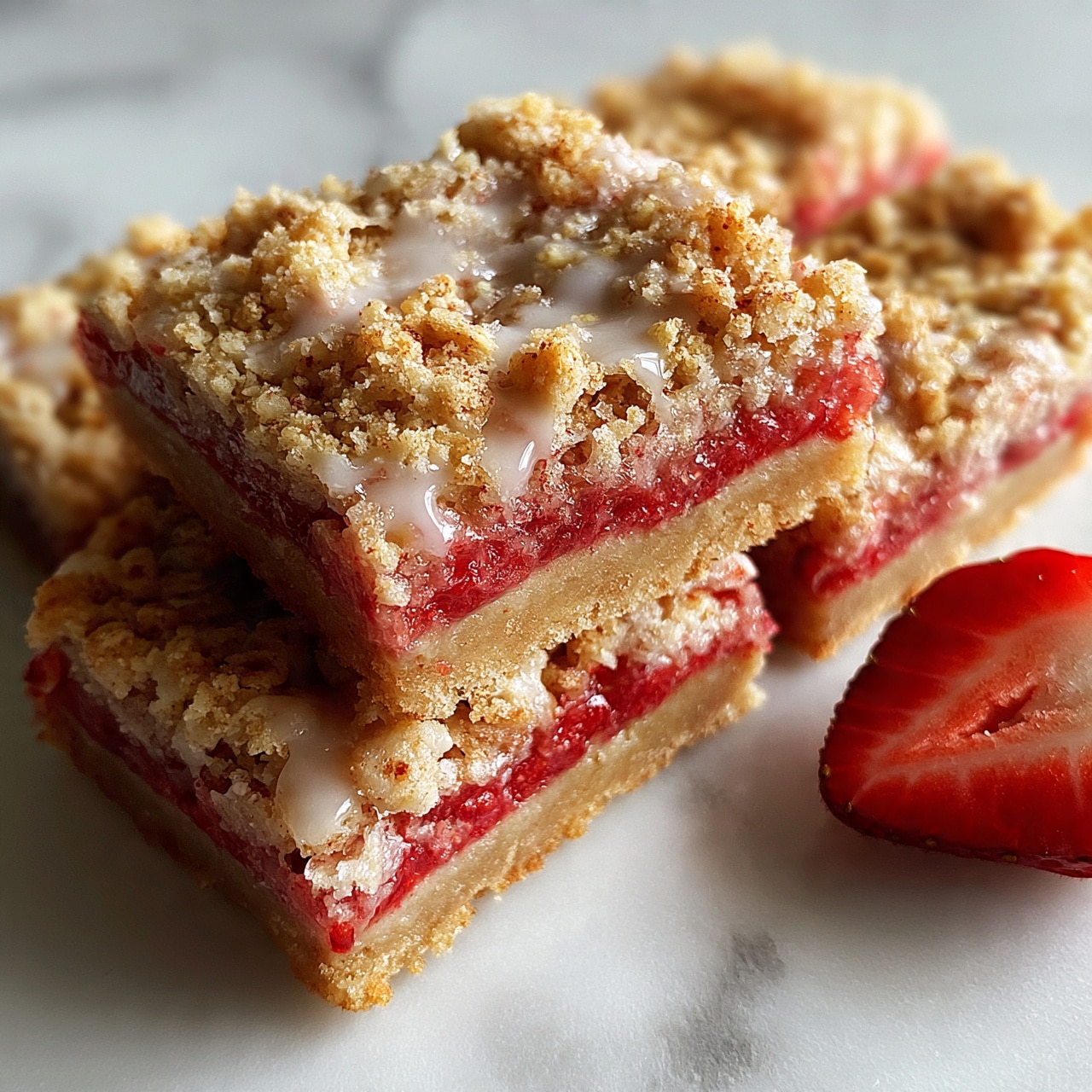 square image The image shows square bars with three visible layers arranged closely on a white marbled surface. The bottom layer is a light brown, firm base. The middle layer is bright red with small bits of strawberry, giving a juicy look. The top layer is a crumbly, golden oat crumble, sprinkled unevenly, with a shiny white glaze drizzled over it, adding a wet texture. A sliced strawberry lies near the bars, adding fresh color. Photo taken with an iphone --ar 4:5 --v 7