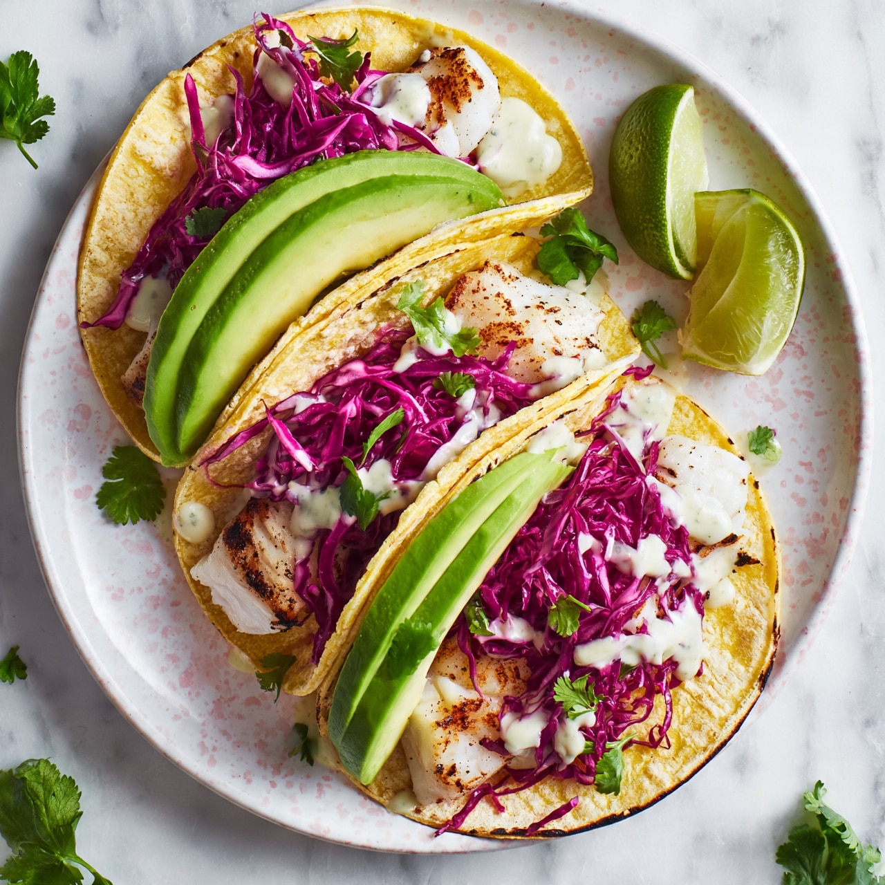 square image Three tacos are placed on a white plate with light pink speckles, set on a white marbled surface. Each taco has a soft yellow corn tortilla base, filled with grilled white fish with slightly browned edges. Bright purple shredded cabbage is layered on top of the fish, followed by slices of fresh green avocado curved along one edge. A creamy white sauce is drizzled over the fillings, and small sprigs of fresh green cilantro are scattered throughout. Two lime wedges sit on the side of the plate, and more cilantro leaves are visible on the marbled surface around the plate. Photo taken with an iphone --ar 4:5 --v 7
