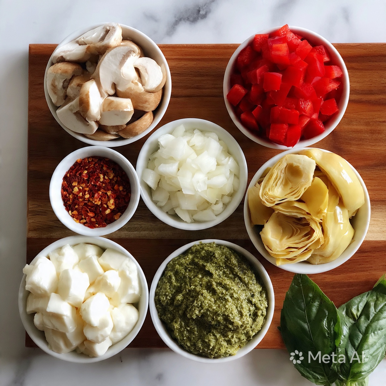 square image The image shows seven small white bowls arranged on a wooden board with a white marbled surface underneath. The top left bowl holds light brown and white sliced mushrooms with a smooth texture. To the right is a bowl of bright red diced bell peppers, each piece square and fresh-looking. Below the peppers is a bowl filled with pale yellow artichoke hearts, layered and slightly shiny. At the bottom left sits a bowl of white cubed mozzarella cheese, smooth and soft in appearance. To the right of that is a bowl filled with a green pesto paste, thick and textured. Above the pesto, a small bowl contains finely chopped white onions. Next to the onions, on the far left, there is a bowl with red chili flakes that are small and dry. In the bottom right corner of the wooden board, there are two fresh green basil leaves with visible veins. The photo is taken with an iphone --ar 4:5 --v 7