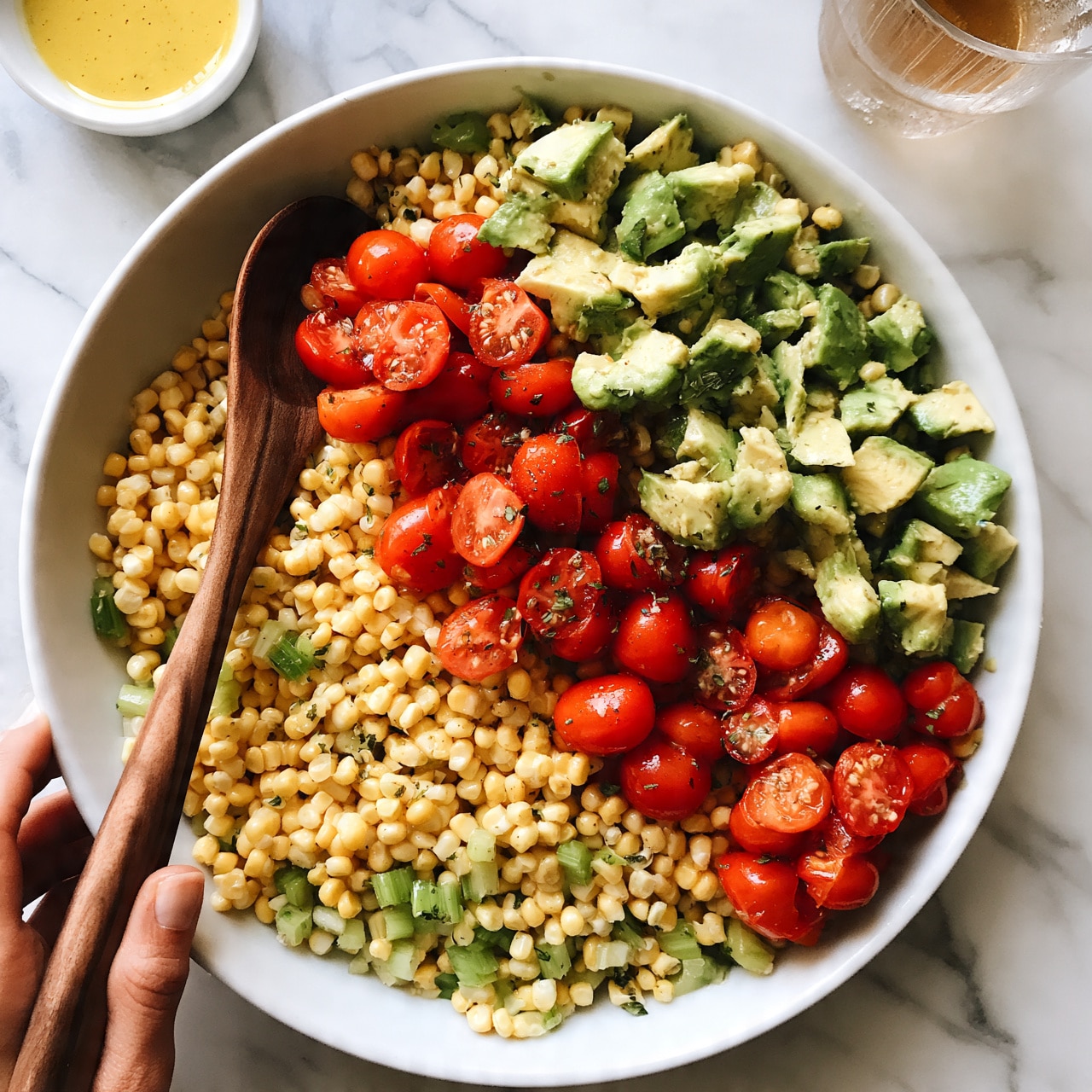 square image A white round dish filled with a fresh corn salad, showing several layers: the base is yellow corn kernels mixed with green celery pieces, topped with bright red halved cherry tomatoes, and chunks of green avocado scattered on top. Small herbs are sprinkled over the salad. The dish is on a white marbled surface with a wooden spoon placed in the salad and a woman's hand holding the spoon from the left side. In the top corners, a small white round bowl with a yellow sauce and a clear glass with a light brown drink are partially visible. Photo taken with an iphone --ar 4:5 --v 7