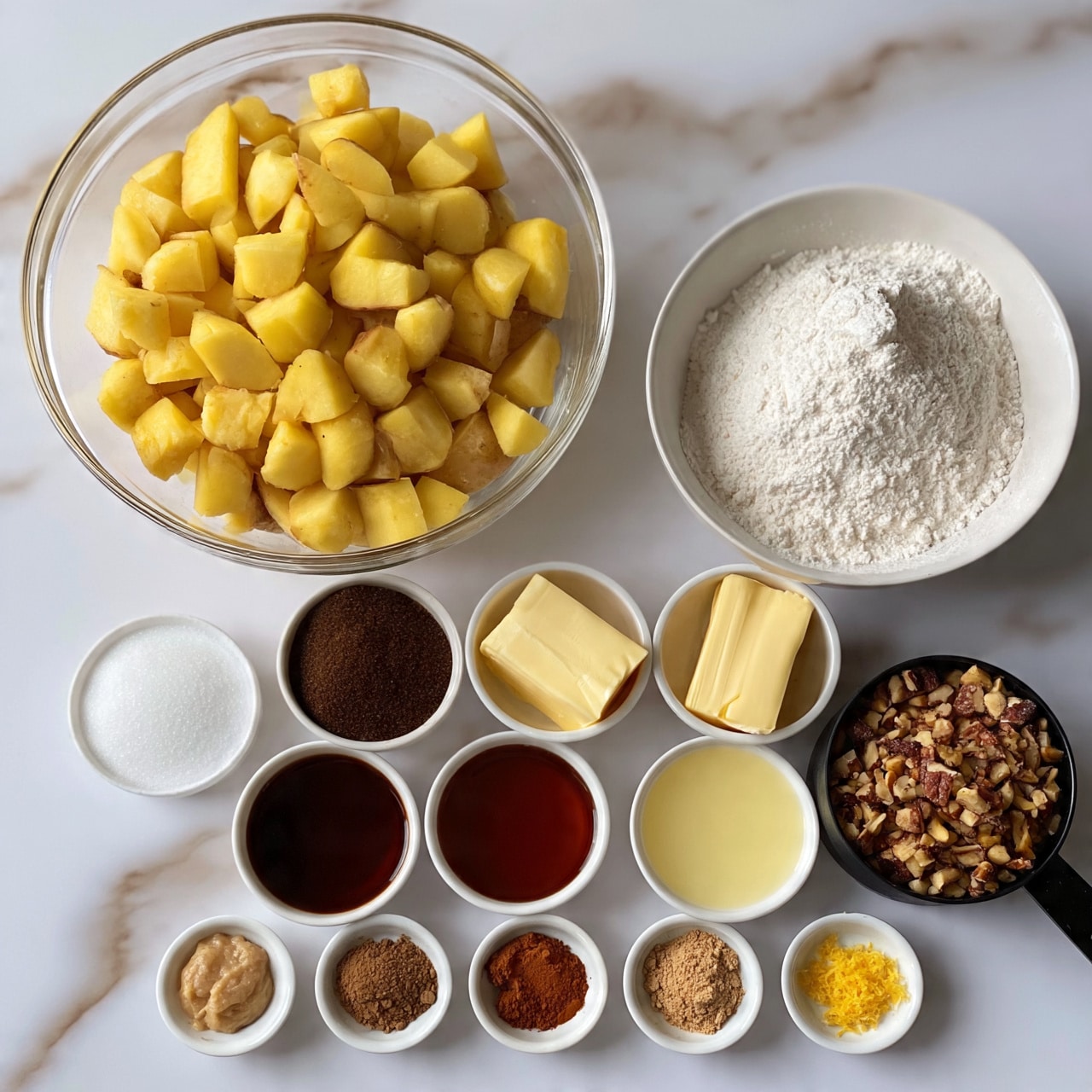square image The image shows a clear glass bowl on a white marbled surface filled with many small, peeled, and sliced yellow potato chunks. Beside it, a white bowl holds a white powdery substance that looks like flour. In front of these bowls, there are six small white bowls arranged in two rows; the top row has white granulated sugar, dark brown sugar, and two yellowish sticks of butter. The bottom row has a dark amber liquid that looks like honey, a pale yellow liquid in a white bowl, and a black measuring cup filled with chopped nuts. At the front, there are five tiny white bowls containing a light brown paste, a brown powder, a reddish-brown powder, a light brown powder, and yellow zest. The whole setup is neatly organized on a white marbled surface photo taken with an iphone --ar 4:5 --v 7