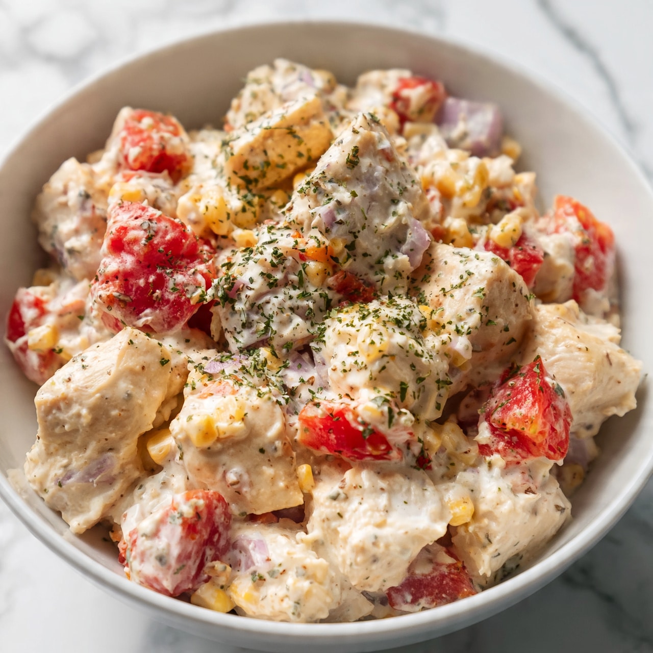 square image The image shows a close-up of a white bowl filled with a creamy textured salad. The salad consists of chunks of light beige chicken mixed with bright red tomato pieces, pale yellow corn bits, light purple onion slices, and a mix of green herbs sprinkled on top. The creamy dressing coats the ingredients, giving the whole dish a moist and rich look. The bowl sits on a white marbled surface. Photo taken with an iphone --ar 4:5 --v 7