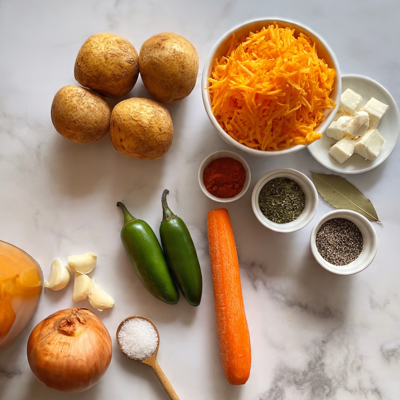 square image The image shows ingredients neatly arranged on a white marbled surface. There are four brown potatoes grouped together near the center top. To the right, a large white bowl filled with bright orange shredded cheese sits next to a small white plate holding white cheese cubes. Below them, three small white bowls hold different spices: red powder, green dried herb, and ground black pepper, with a single bay leaf beside them. Below the potatoes are two fresh green jalapeño peppers side by side, and an orange carrot placed vertically. On the lower left side, a whole brown onion, three peeled garlic cloves, and a glass container with an orange liquid are set apart from the others. A small wooden spoon holding white salt rests nearby. Photo taken with an iphone --ar 4:5 --v 7square image