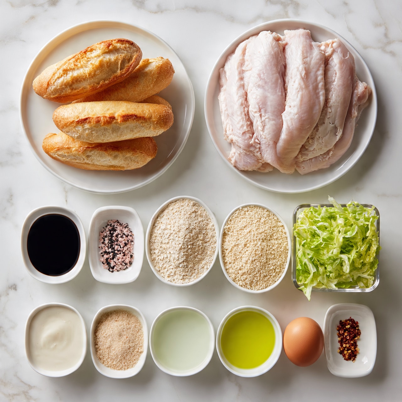square image The image shows many cooking ingredients neatly arranged on a white marbled surface. On the top left, there is a white plate with four golden brown small baguettes, showing a soft texture with light crispy crust. To the top right, a white plate holds several raw light pink turkey fillets, smooth and stacked. Below, there are small white dishes and bowls arranged in rows: a small white bowl with dark soy sauce, a small white bowl with a mix of pink and black spices, a bowl filled with pale cream powder (likely oatmeal), a bowl of identical pale breadcrumbs, and a glass container with shredded green lettuce leaves. There are also small bowls with a creamy white sauce, light brown granulated seasoning, a pale green liquid, bright yellow olive oil, one whole raw egg, and some red pepper flakes on a white dish. Everything is neat and clear. Photo taken with an iphone --ar 4:5 --v 7