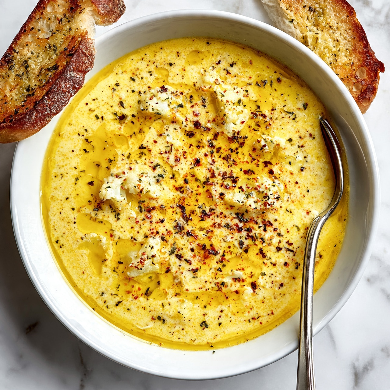 square image A white bowl filled with a creamy yellow soup with small pieces of cauliflower floating on the surface, drizzled with olive oil and sprinkled with red pepper flakes and herbs. A silver spoon is dipped into the soup on the right side of the bowl. Two pieces of toasted garlic bread rest on the edge of the bowl. The background is a white marbled texture. Photo taken with an iphone --ar 4:5 --v 7