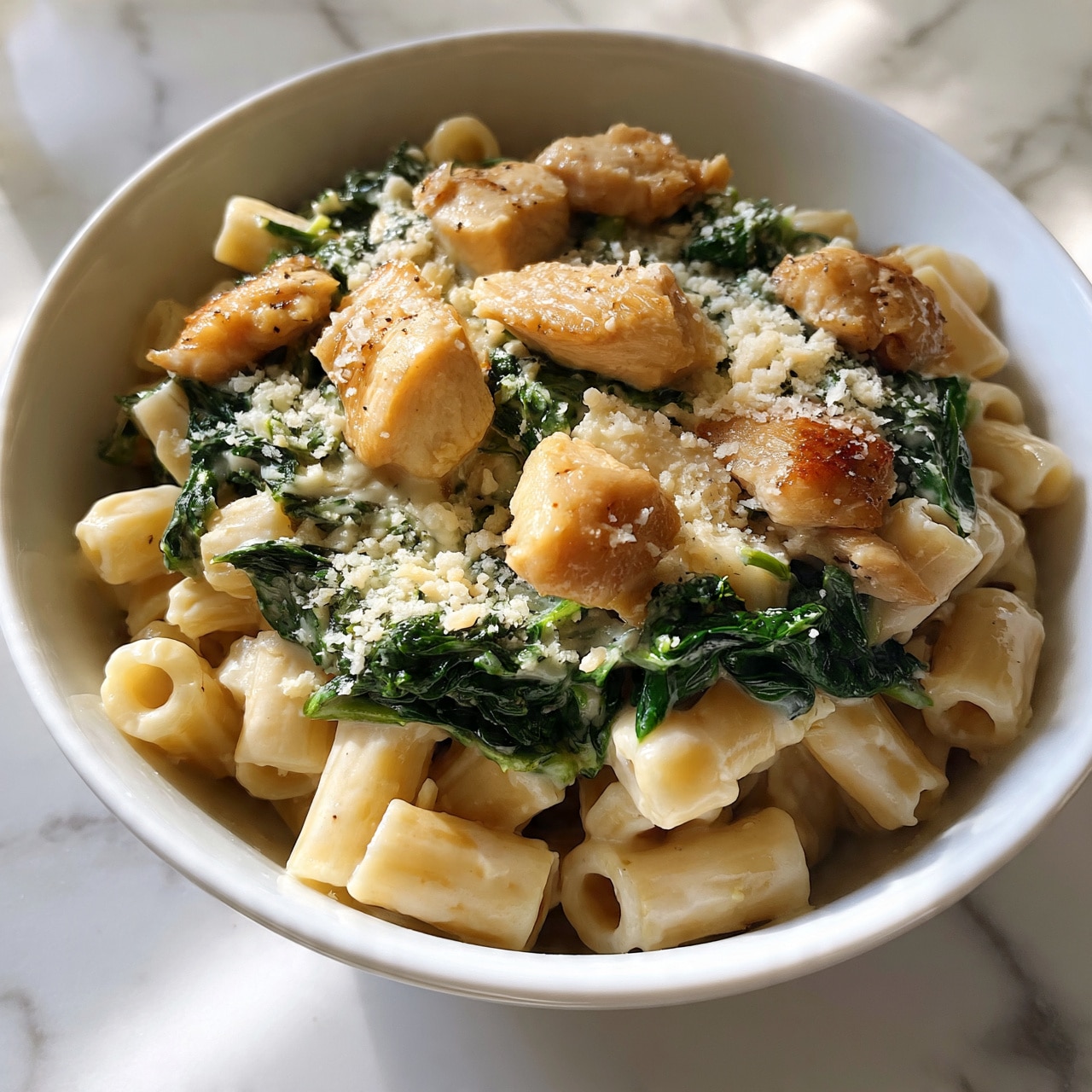 square image A close-up view of a white bowl filled with creamy pasta, showing three main layers: at the bottom, short tube-shaped pasta in a light beige color; the middle layer has dark green wilted spinach leaves mixed throughout; on top, pieces of light golden cooked chicken are scattered, with grated cheese sprinkled over the dish. The bowl rests on a white marbled surface. photo taken with an iphone --ar 4:5 --v 7