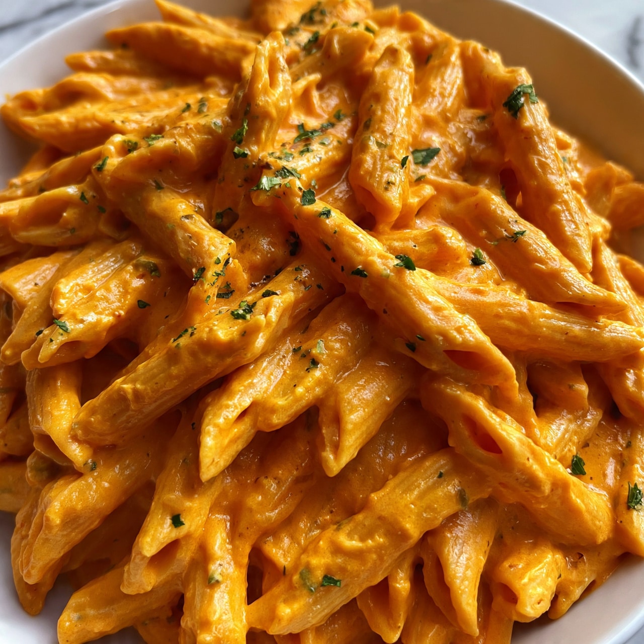 square image The image shows a close-up of penne pasta covered in a thick, creamy orange sauce, giving the dish a smooth and luscious texture. The noodles are layered evenly, each piece coated fully with the sauce, and small bits of chopped green herbs are scattered throughout, adding specks of fresh green color to contrast with the orange. The pasta rests in a white bowl with a subtle white marbled background visible at the edges. The lighting highlights the creamy richness of the sauce, making the dish look warm and inviting photo taken with an iphone --ar 4:5 --v 7
