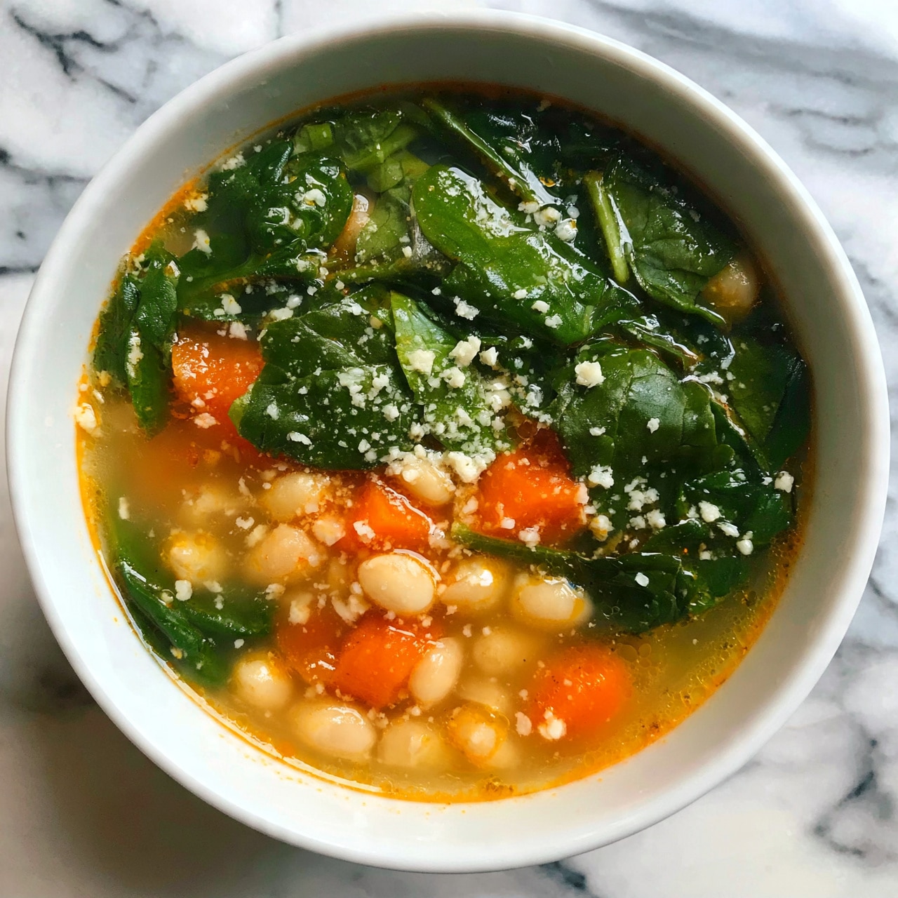 square image A white bowl filled with a colorful soup with three visible layers: the base layer is a light broth with a slight orange tint, the middle layer contains small white beans and bright orange carrot pieces, and the top layer is fresh dark green spinach leaves scattered across. Small white cheese bits are sprinkled gently over the soup's surface. The bowl is sitting on a white marbled texture surface. Photo taken with an iphone --ar 4:5 --v 7