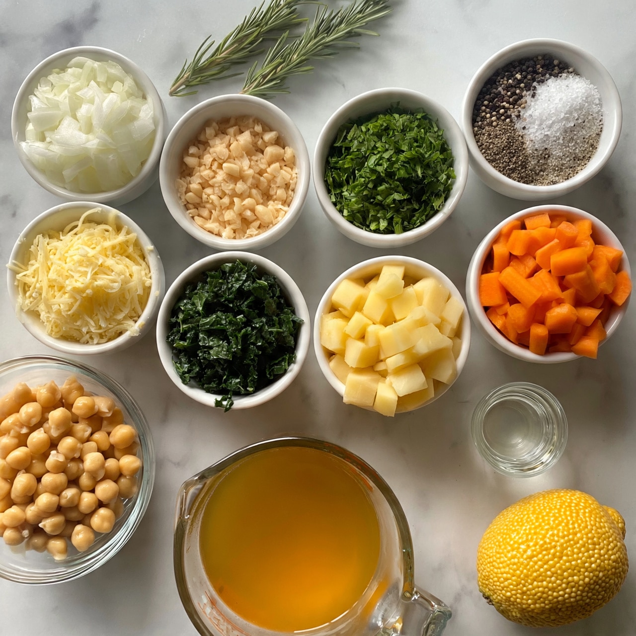 square image The image shows a top-down view of various cooking ingredients neatly placed on a white marbled surface. There are eleven containers visible: a large glass measuring cup filled with golden broth in the center bottom, a clear glass bowl with light brown chickpeas on the left, and eight white bowls arranged around, holding different ingredients. From left to right and top to bottom: chopped white onions with a slightly translucent texture, finely minced light beige garlic, a mix of black pepper and white salt, bright green fresh chopped herbs, pale yellow shredded cheese, dark green chopped leafy kale, cubed light yellow potatoes, cubed orange carrots, and a small glass cup of clear olive oil. At the bottom right is a whole lemon with a bright yellow pebbled peel. Two fresh rosemary sprigs lay diagonally near the top center above the bowls. The photo taken with an iphone --ar 4:5 --v 7
