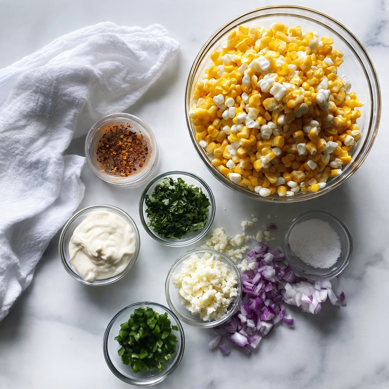 square image  A clear glass bowl filled with bright yellow and white corn kernels sits at the top right on a white marbled surface. Around it are several small clear glass bowls containing different ingredients: smooth white mayo in one, finely chopped fresh green cilantro in another, crumbly white cheese in the next, diced purple onions nearby, and chopped green peppers in a small bowl at the bottom. There is also a clear container of reddish chili powder seasoning and a small bowl of white salt. A white cloth napkin rests casually on the surface to the left. photo taken with an iphone --ar 4:5 --v 7