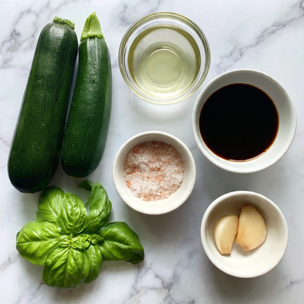 square image The image shows six cooking ingredients placed on a white marbled surface. There are two whole dark green zucchinis on the left, fresh bright green basil leaves below them, a small white bowl with light pink salt crystals at the center, a glass bowl with clear pale yellow oil at the top right, a white bowl filled with dark brown soy sauce next to the oil, and a small white bowl holding two light beige peeled garlic cloves at the bottom right. Each item is neatly spaced, creating a clean and organized look. Photo taken with an iphone --ar 4:5 --v 7