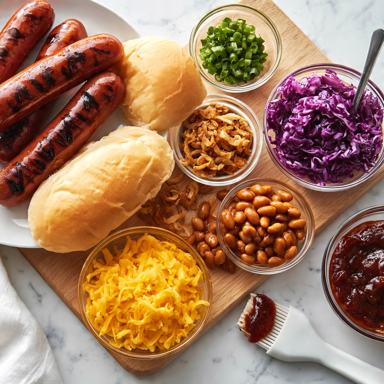 square image The image shows a white plate with four grilled sausages that have dark grill marks and a shiny reddish-brown surface, placed on the left side. Two soft, light golden-brown sandwich buns sit partially on the plate and the wooden board below it, positioned on the right. Surrounding the plate on a wooden cutting board are several small clear glass bowls, each containing different ingredients: finely chopped purple cabbage with a metal spoon on the right, cooked brown beans in the center, shredded yellow cheese in the lower left, crispy fried onions above the cheese, and chopped green onions in a small white bowl above the beans. There is also a glass bowl with a barbecue sauce and a white silicone brush coated in the sauce near the bottom right. The whole scene is on a white marbled surface. Photo taken with an iphone --ar 4:5 --v 7
