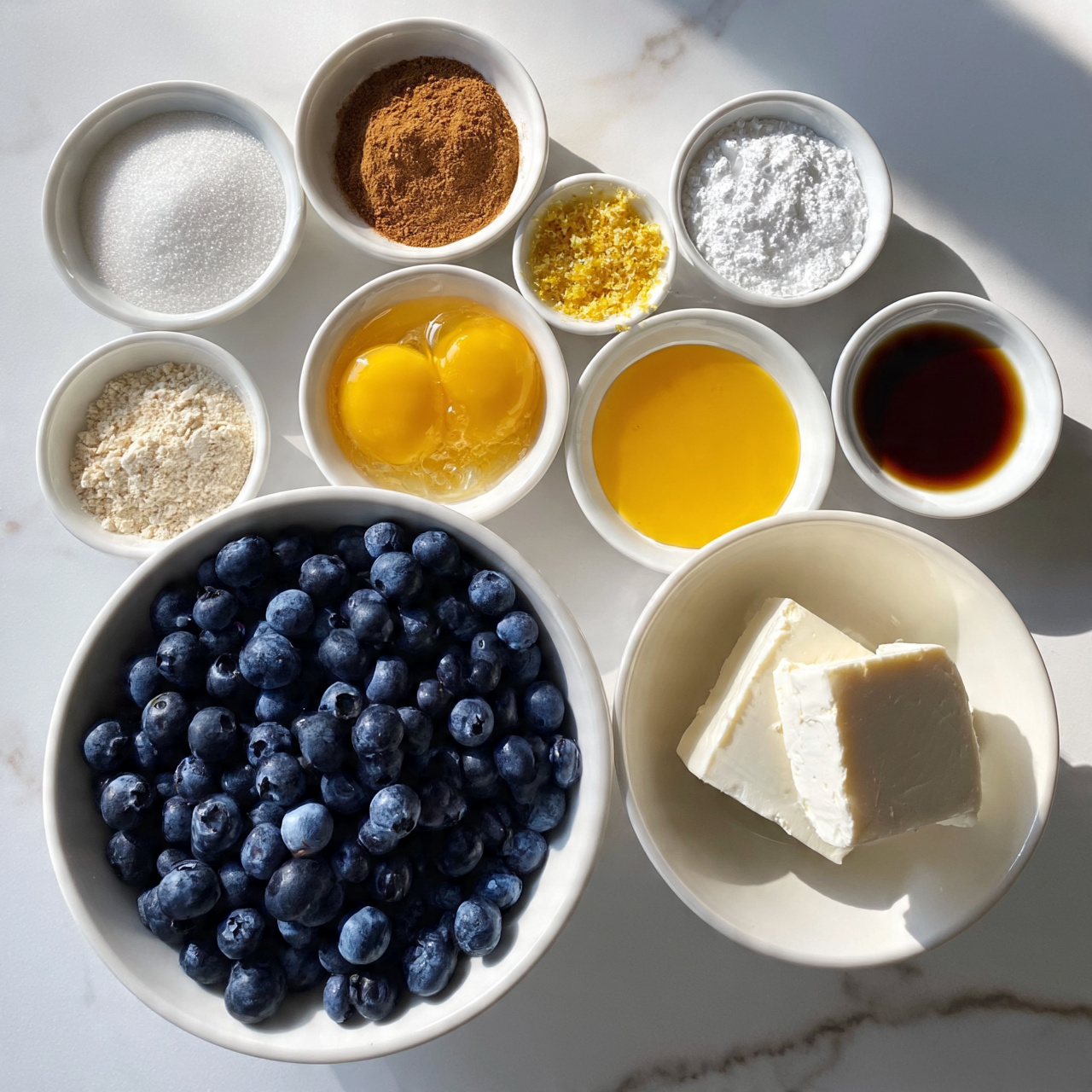square image The image shows several small white bowls and a larger white bowl placed on a white marbled surface. The largest bowl at the bottom contains fresh blueberries, dark blue and round. To the right, a white bowl holds two square pieces of cream cheese, white and smooth. Around them are smaller white bowls containing various ingredients: white sugar with a fine grain texture, light brown cinnamon powder, a yellowish grated zest, white powdered sugar, two lightly beaten eggs with a glossy yellow color, golden yellow melted butter, and small bowls with vanilla extract that is dark brown and shiny. The items are neatly arranged and well spaced. photo taken with an iphone --ar 4:5 --v 7