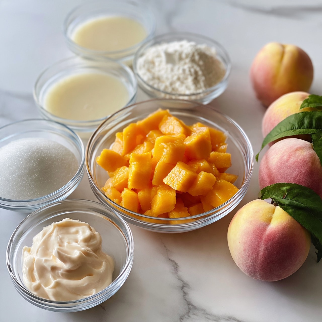 square image The image shows several clear glass bowls arranged on a white marbled surface. One large bowl in the center is filled with small, bright orange chunks of peeled peaches. Surrounding it are smaller bowls containing white granulated sugar, creamy light yellow liquid, white flour, and a dollop of light, smooth cream. To the side, three whole peaches with soft pink and yellow skin and green leaves rest on the surface. The scene feels bright and clean. Photo taken with an iphone --ar 4:5 --v 7 square image