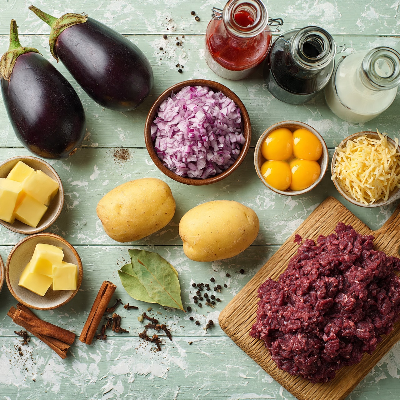 square image The image shows cooking ingredients neatly arranged on a pale green wooden surface with a white marbled texture. There are two whole dark purple eggplants on the top left, two light yellow potatoes near the middle, and a wooden board with raw minced meat at the bottom right. Near the potatoes, there is a brown bowl filled with finely chopped red onions. Three clear glass bottles containing red sauce, dark thick liquid, and a white creamy liquid are on the top right. There are also small bowls with yellow butter cubes, four egg yolks, and grated light yellow cheese. Various spices including cinnamon sticks, cloves, bay leaves, black pepper, and salt are scattered in small amounts around the ingredients. The scene is calm and orderly, ideal for preparing a meal photo taken with an iphone --ar 4:5 --v 7