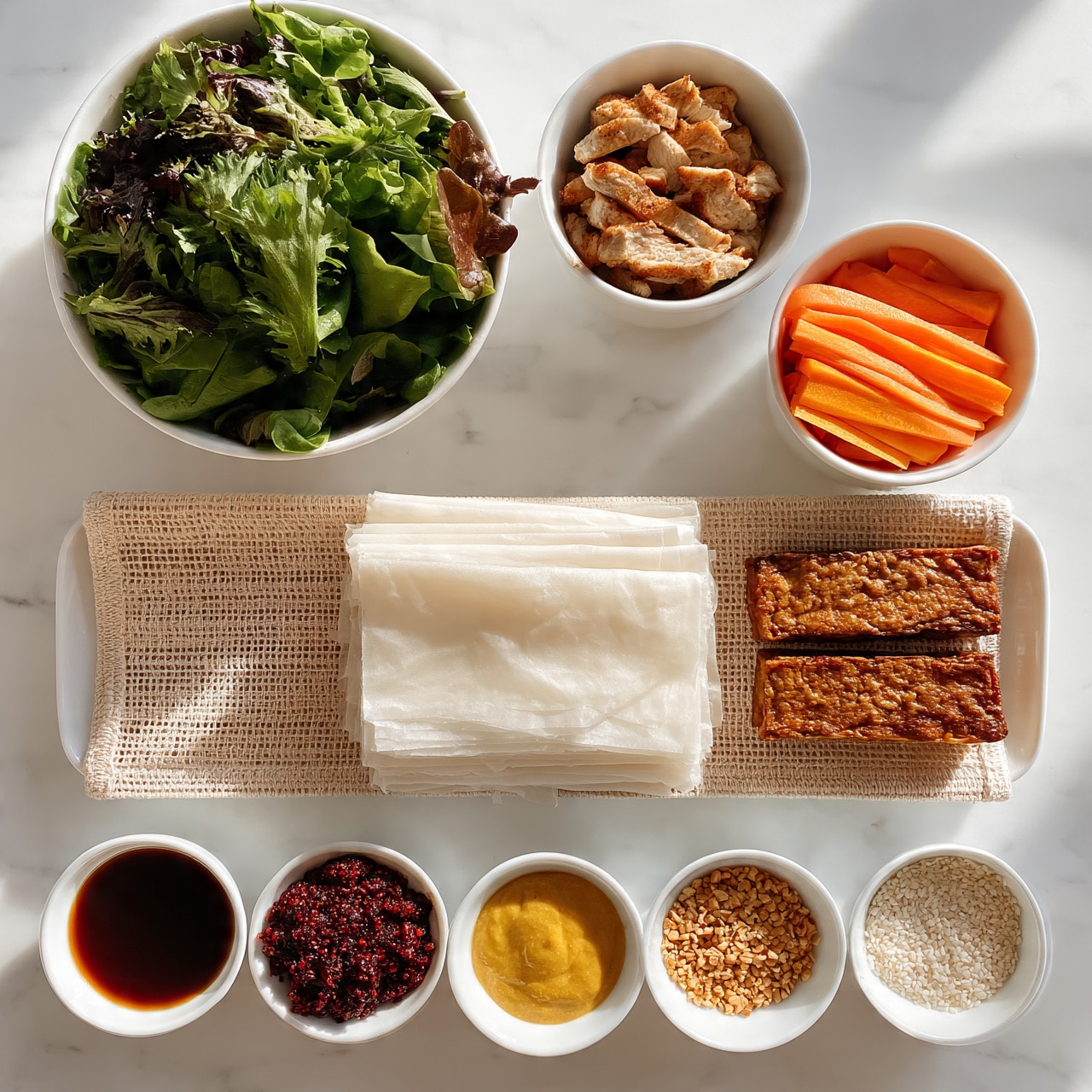 square image The image shows an arrangement of several white dishes placed on a white marbled surface. At the top left, there is a round white bowl filled with fresh mixed green leaves, showing different shades of green. To the right, a small white bowl contains sliced, light brown grilled chicken pieces. Next to it is a small white bowl with thin, evenly sliced orange carrot sticks. Below these, two rectangular pieces of browned, textured tofu rest on a white plate lined with a beige woven mat. In the center, a neat stack of white rice paper wrappers sits flat. At the bottom, five small white bowls hold different sauces and toppings; from left to right, a dark brown soy sauce, a deep red chili paste with rough texture, a smooth yellow mustard sauce, crushed nuts, and some white sesame seeds. The overall look is clean, colorful, and organized. photo taken with an iphone --ar 4:5 --v 7