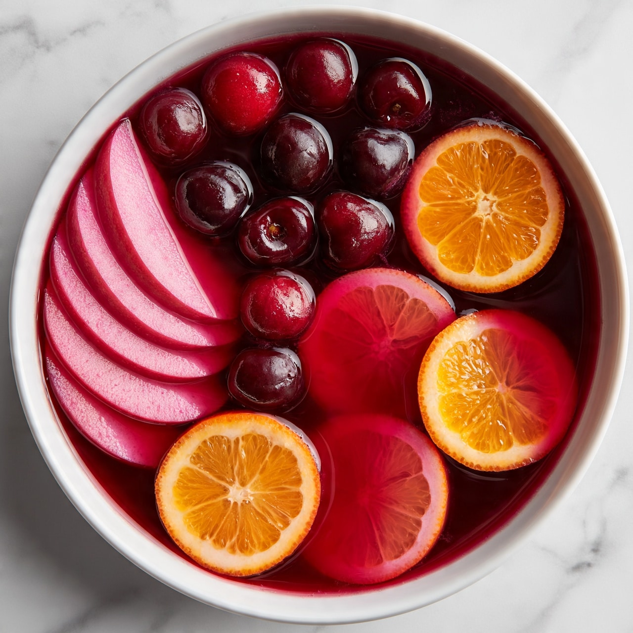 square image A white bowl filled with a deep red liquid, likely a drink, is topped with many floating fruit pieces. There are dark red cherries, several pink apple slices arranged in layers on one side, and round orange slices with visible segments spread around the bowl. The fruits sit on the surface, creating a colorful and fresh look against the dark background of the drink. The bowl is placed on a white marbled surface. photo taken with an iphone --ar 4:5 --v 7