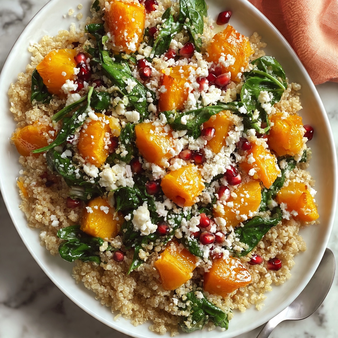 square image The dish is a large white oval plate filled with a colorful layered salad. The bottom layer is light brown quinoa, with a fluffy and grainy texture. On top of the quinoa, there are bright orange roasted butternut squash pieces scattered evenly, adding a soft and slightly shiny texture. Mixed throughout the squash and quinoa, there are dark green spinach leaves that look fresh and slightly wilted. Small white chunks of crumbly cheese are sprinkled across the dish, creating a contrast with the other colors. There are also small red bits, likely pomegranate seeds, adding a glossy, jewel-like look on the surface. The plate is placed on a white marbled surface, and a peach-colored cloth is partially visible in the background. A silver spoon rests near the plate. Woman’s hand is not visible in the image. Photo taken with an iphone --ar 4:5 --v 7