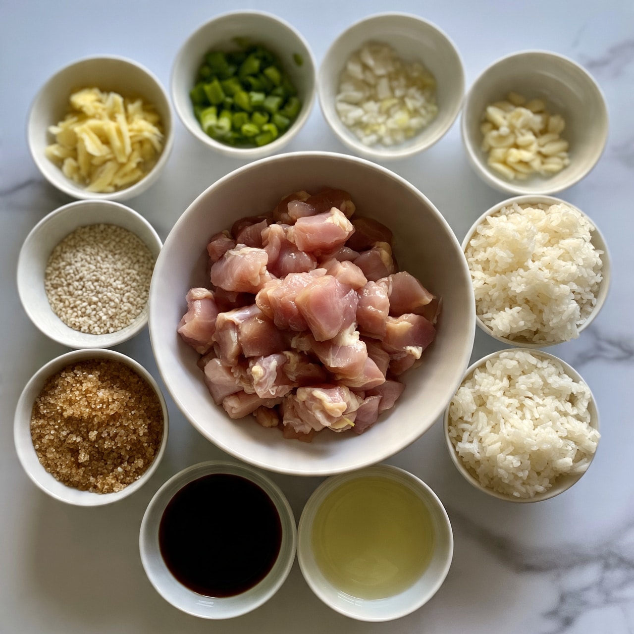 square image The image shows a white bowl in the center filled with small pieces of raw pink chicken. Around this main bowl are eight small white bowls arranged neatly, each containing different ingredients: finely chopped light yellow ginger, chopped small green scallions, white minced garlic, small round white sesame seeds, granulated brown sugar, dark brown soy sauce, clear yellow oil, and fluffy white cooked rice. All bowls are placed on a white marbled surface. The colors vary from the bright green of the scallions to the deep brown of the sauce, creating a colorful and fresh look. photo taken with an iphone --ar 4:5 --v 7