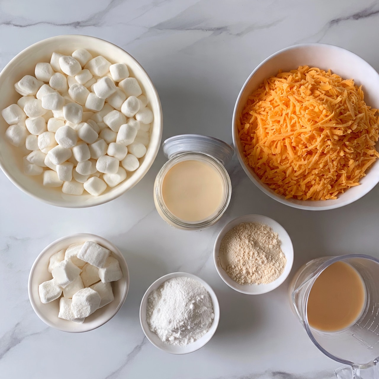 square image The image shows a top view of several white bowls and a clear measuring cup arranged on a white marbled surface. One large white bowl is filled with small white marshmallows. Another white bowl contains shredded orange cheddar cheese. A small white bowl holds white marshmallow cubes, while two small white bowls have white and light beige powders. A clear glass jar filled with a creamy beige liquid and topped with a lid is placed near the center. In the bottom right, a clear measuring cup contains a light brown liquid. All items are neatly spaced, creating a clean and simple arrangement. Photo taken with an iphone --ar 4:5 --v 7