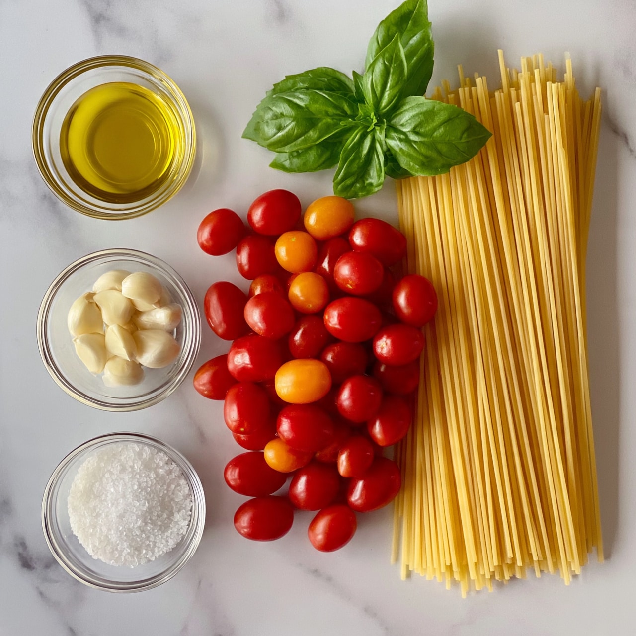 square image A white marbled surface holds a raw spaghetti bundle on the right, showing many thin, pale yellow strands lying flat and close together. Above the spaghetti, there is a fresh green basil sprig with bright leaves. In the center, a mixed pile of small cherry tomatoes, mostly red with some orange ones, spreads out in a loose cluster. To the left, three small clear glass bowls are arranged: the top bowl contains golden yellow olive oil; below it, another bowl has several white garlic cloves; and at the bottom, a bowl filled with coarse sea salt. The lighting is soft, highlighting the natural colors of the ingredients. Photo taken with an iphone --ar 4:5 --v 7