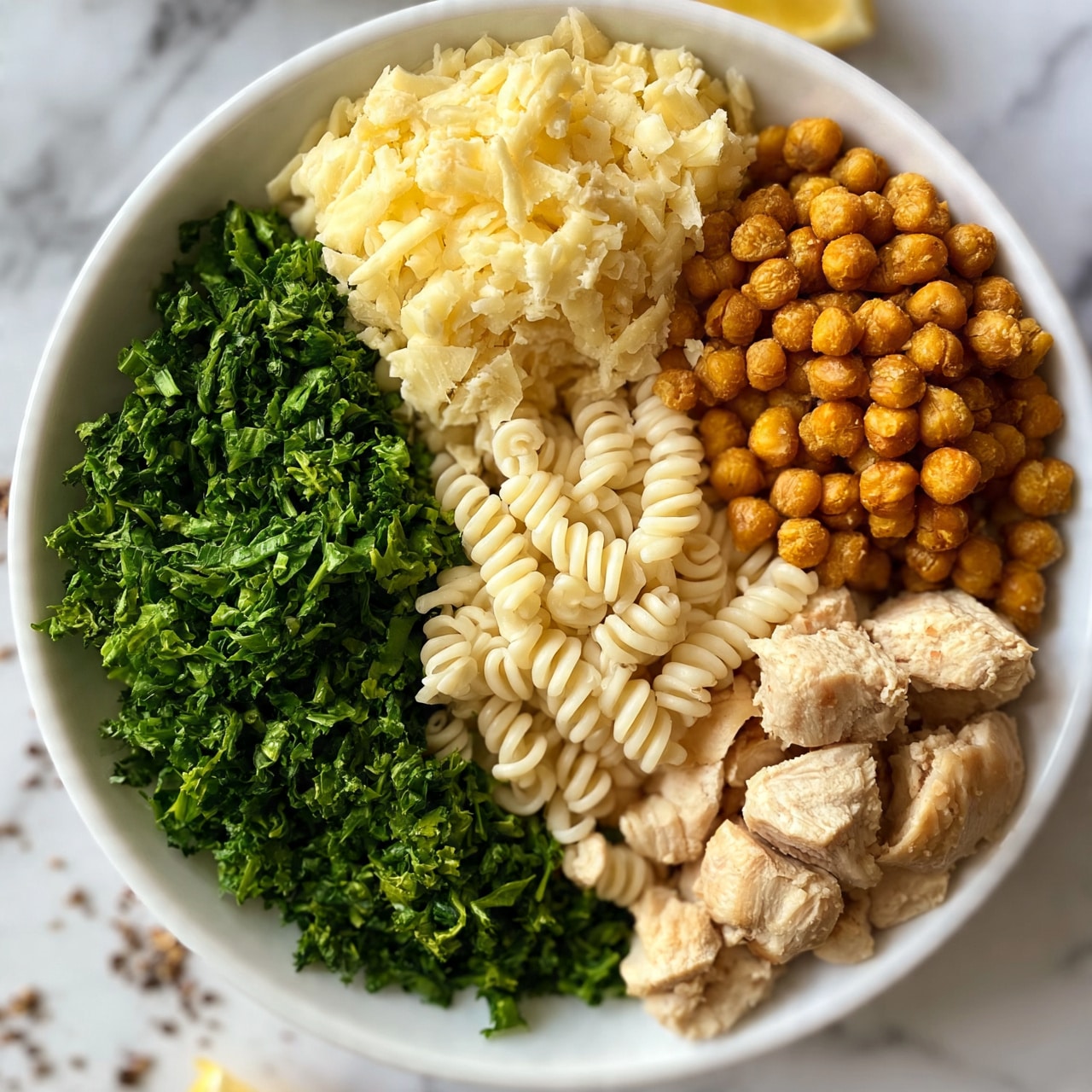 square image A white plate on a white marbled surface holds a beautifully arranged dish with five sections. One section has chopped green leafy kale, finely shredded and bright. Next to it is a pile of pale yellow shredded cheese with a slightly firm texture. Another section contains small spiral pasta in a light cream color. Adjacent to the pasta is a serving of crunchy roasted chickpeas, golden brown and round. The final section has chunks of cooked chicken, light beige with a soft texture. Small spices and a lemon wedge can be seen near the plate. Photo taken with an iphone --ar 4:5 --v 7