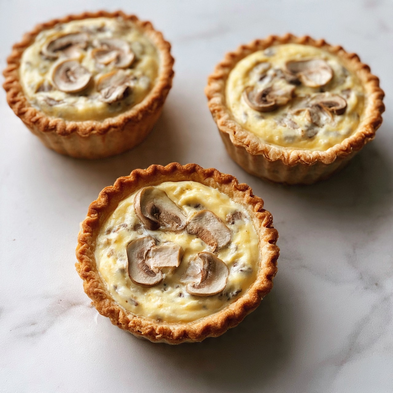 square image The image shows three small round tartlets with a golden-brown crust placed on a white marbled surface. Each tartlet is filled with a creamy, pale yellow mixture that holds thin slices of light brown mushrooms on top. The crust is slightly crimped around the edges, creating a neat border, and the filling has a smooth texture with visible mushroom pieces evenly spread within. The lighting highlights the warm, inviting colors of the tarts, making them look fresh and appetizing. photo taken with an iphone --ar 4:5 --v 7