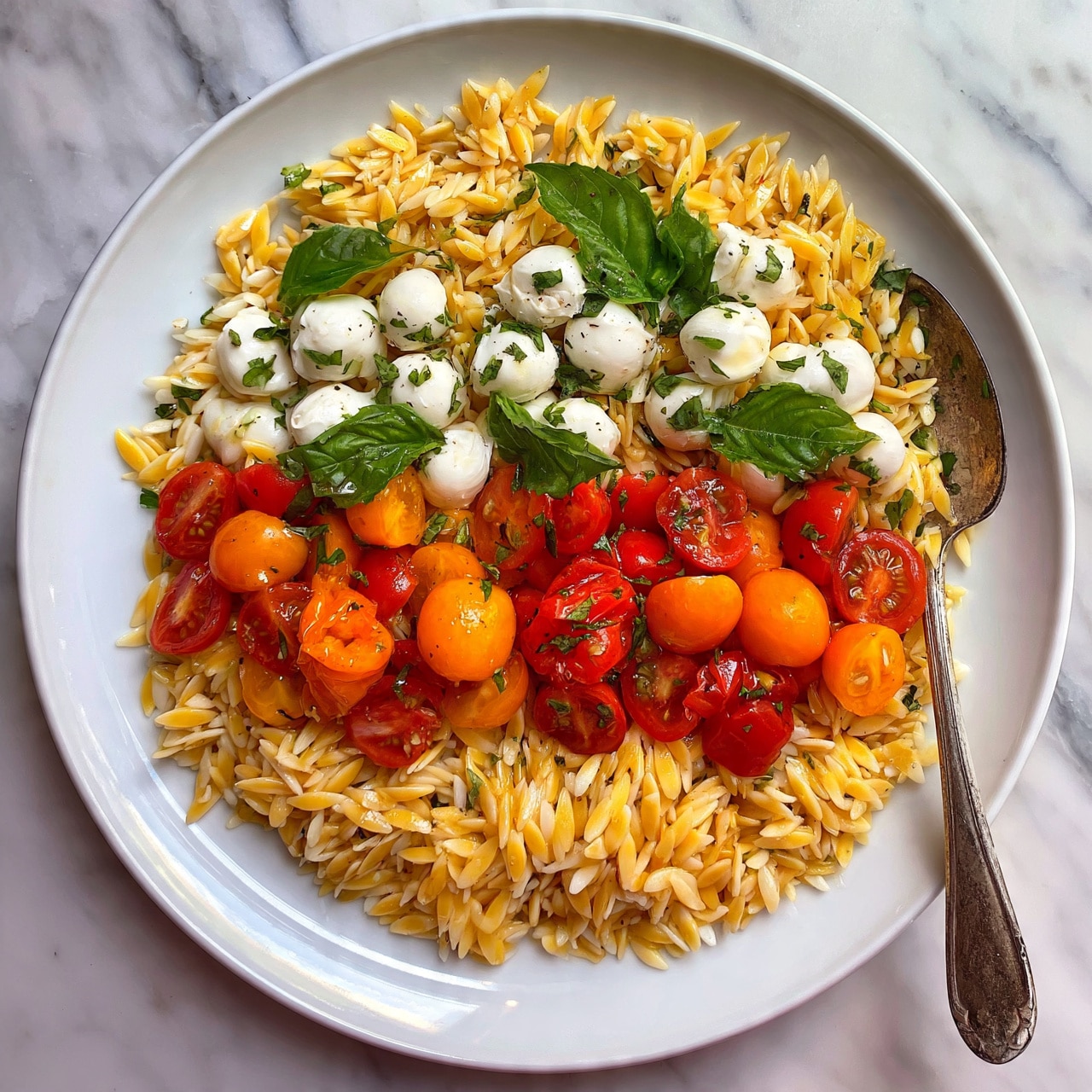 A white plate filled with three main layers: at the bottom, cooked orzo pasta with a light tan color and a smooth texture, in the middle, bright red roasted cherry tomatoes cut in half with some slightly soft and shiny, and fresh green basil leaves scattered throughout, and on top, small white mozzarella balls mixed evenly with the orzo and tomatoes; a metal spoon rests on the right side of the plate, and the plate sits on a white marbled surface photo taken with an iphone --ar 4:5 --v 7