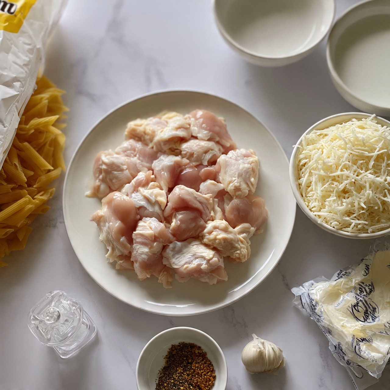 square image The image shows a white plate in the center with raw, pink chicken pieces spread out on it. Around the plate are several ingredients: a white bowl filled with shredded cheese on the right side, a white bowl with a creamy white liquid on the top right, a pack of cream cheese near the bottom right, a small white bowl holding a mix of brown and black spices near the center bottom, a clove of garlic just above the spices, and a clear salt shaker close to the bottom left. On the left side, there is a packet of penne pasta leaning against the edge of the table. The surface under everything is a white marbled texture. photo taken with an iphone --ar 4:5 --v 7