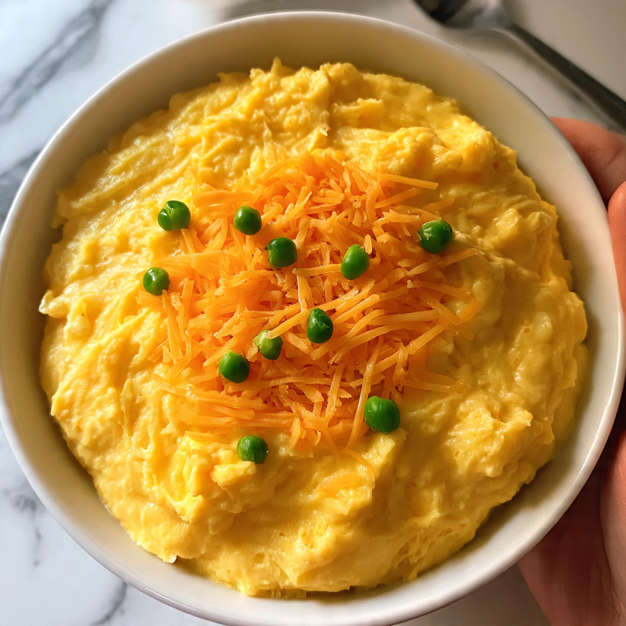 square image A white bowl filled with a creamy yellow dish that looks smooth and thick. On top, there is a layer of bright orange shredded cheese spread in the center. Small green peas are scattered on top of the cheese, adding a pop of color. The bowl sits on a white marbled surface with a spoon in the background. A woman's hand is holding the bowl from the side. photo taken with an iphone --ar 4:5 --v 7