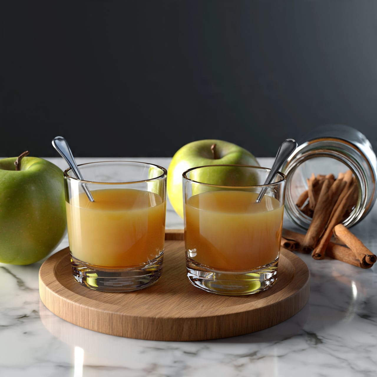 square image Two clear glass cups filled almost halfway with light orange juice sit on a round wooden tray. Each glass has a small spoon resting inside. There are two green apples nearby, one to the left of the tray and one behind the right glass. To the right of the tray, an open glass jar is tipped over on its side with cinnamon sticks spilling out. The scene is set on a white marbled surface with a dark background. photo taken with an iphone --ar 4:5 --v 7