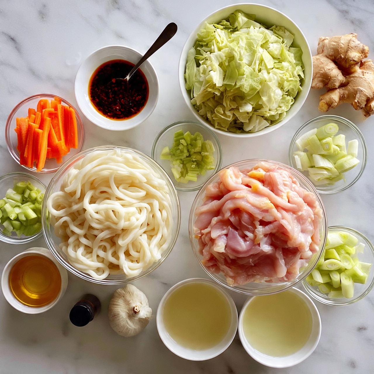 square image The image shows a top-down view of various cooking ingredients placed neatly on a white marbled surface. There are two clear glass bowls with thick white noodles and thin slices of raw pink chicken, both centered slightly left and right, respectively. Above the chicken, there is a white bowl filled with light green chopped leafy vegetables. To the far right, there are pieces of ginger root. Small clear bowls contain bright orange carrot sticks, light green chopped green onions, and pale green cut scallions arranged around the larger bowls. Additionally, a small white bowl holds a golden liquid, another one has pale yellow liquid, and a dark small bottle is placed near the bottom left corner. A whole garlic bulb is in the center left of the image. A small white bowl with a dark red chili sauce with a spoon sits above the noodles. Photo taken with an iphone --ar 4:5 --v 7