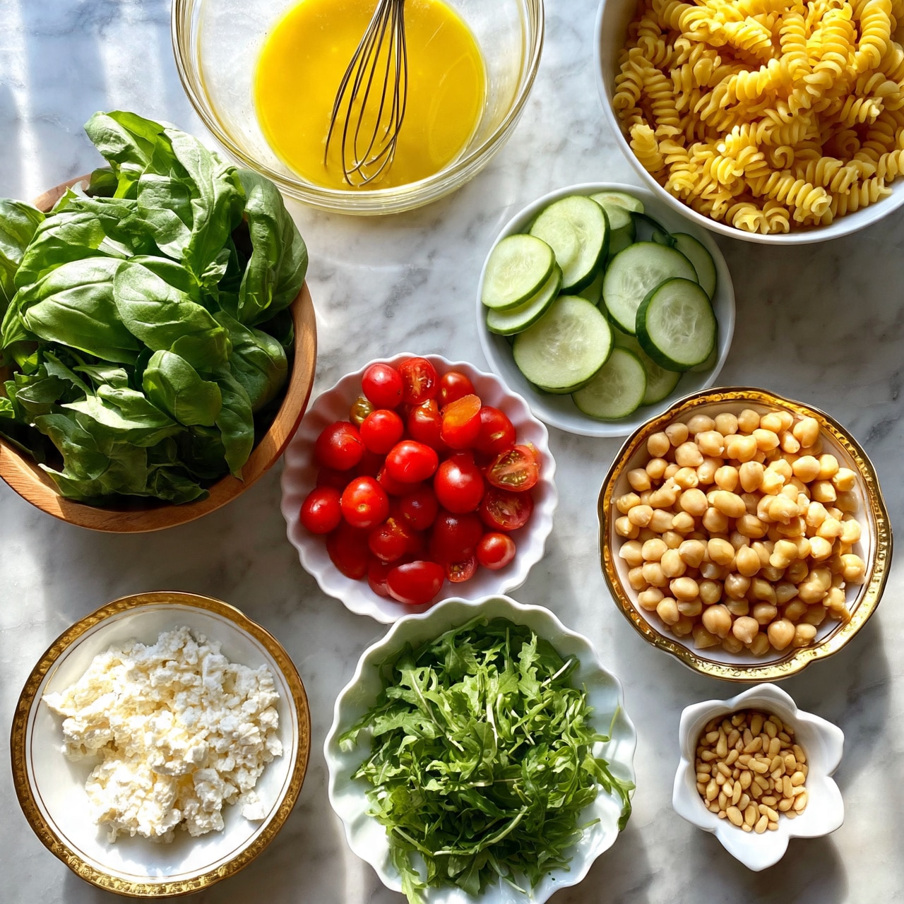 square image The image shows several bowls of fresh ingredients arranged neatly on a white marbled surface. From the top, a glass bowl with a whisk holds a bright yellow dressing. To the right, a white bowl is filled with dry, yellow spiral pasta. Below it, another white bowl contains thick slices of light green cucumber. A wooden bowl on the left is full of large, fresh green basil leaves. Below the basil, a white bowl with scalloped edges is filled with bright red cherry tomatoes, some whole and some cut in half. To the right, a white bowl with a gold rim is packed with pale beige chickpeas. At the bottom left, a white bowl with a gold rim contains crumbly white cheese. Next to it, a white scalloped bowl holds fresh, leafy green arugula. Finally, a small white bowl shaped like a flower is filled with light brown pine nuts. photo taken with an iphone --ar 4:5 --v 7
