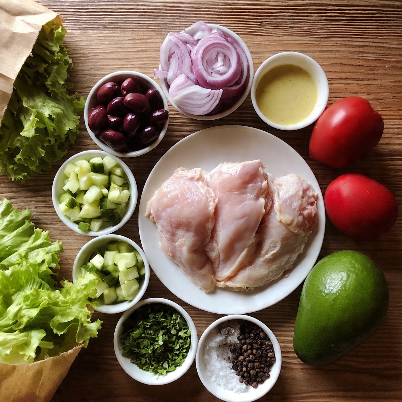 square image The image shows a wooden table with an arrangement of fresh ingredients placed in small white bowls and on a white plate. In the center is a white plate with three raw chicken pieces with a pale pink color. Around it, there are bowls filled with various ingredients including dark red olives, thinly sliced purple onions, chopped cucumber, green herbs, coarse salt, black pepper, and a light yellow sauce. Two red tomatoes and one whole avocado with a smooth green skin are also present. At the left, there is a paper bag with fresh green lettuce leaves spilling out. The whole scene is set on a wooden surface. Photo taken with an iphone --ar 4:5 --v 7