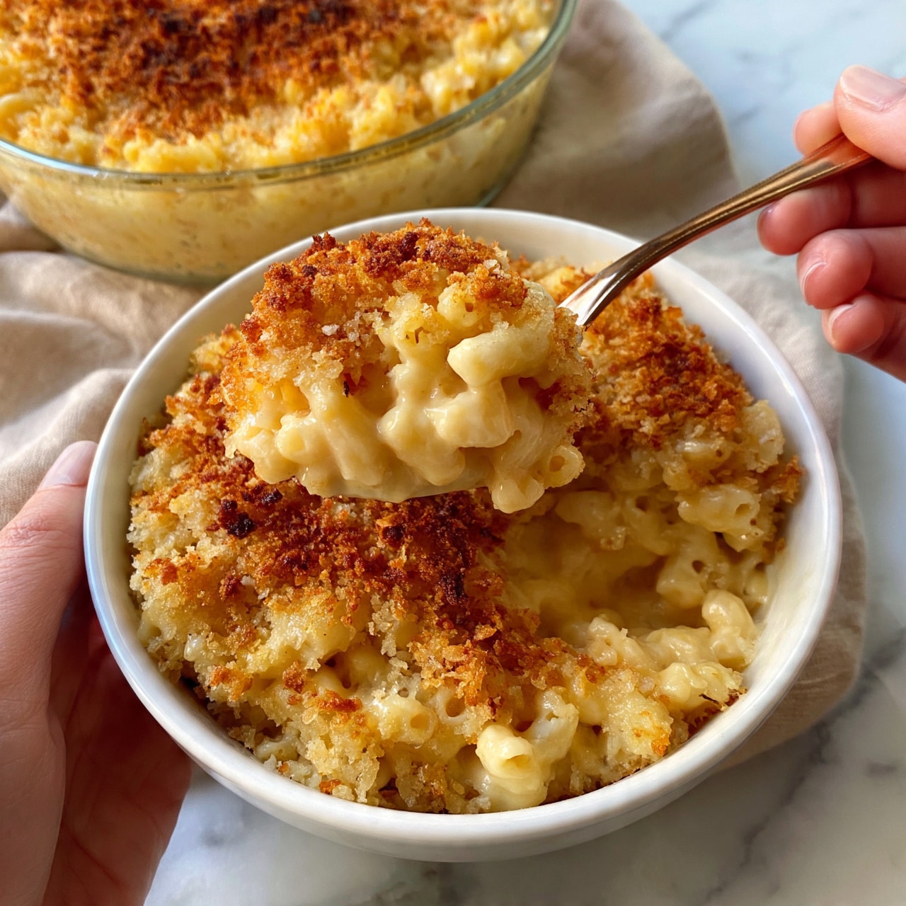 square image The image shows a close-up of a white bowl filled with creamy macaroni and cheese topped with a golden brown crispy breadcrumb layer. A spoon is lifting a scoop from the bowl, revealing soft macaroni noodles covered in smooth cheese sauce beneath the crunchy topping. In the background, there is a round glass baking dish filled with the same macaroni and cheese with the golden crust visible on top. The dishes are placed on a soft beige cloth resting on a white marbled surface. The overall look is warm, comforting, and inviting. Woman’s hand holds the spoon. photo taken with an iphone --ar 4:5 --v 7