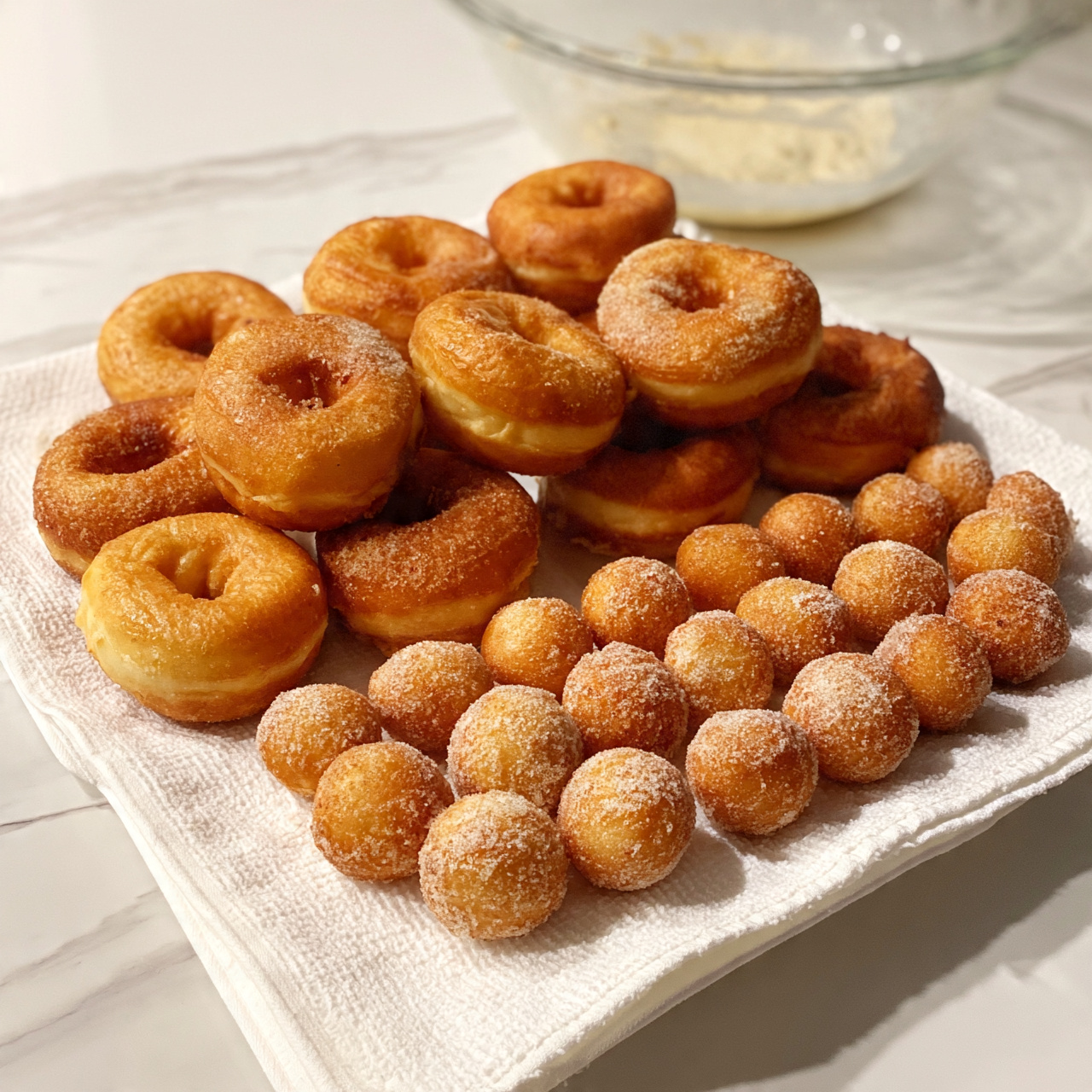 square image A white paper towel holds eleven golden brown doughnuts and sixteen small doughnut balls, all covered with a light coating of sugar, arranged close together in a neat pattern. The doughnuts have a soft texture with a slightly rough sugar surface, and the doughnut balls are round and smooth with the same sugar dust. In the background, there is a clear glass bowl with some light dough mixture, all set on a white marbled kitchen countertop. Photo taken with an iphone --ar 4:5 --v 7