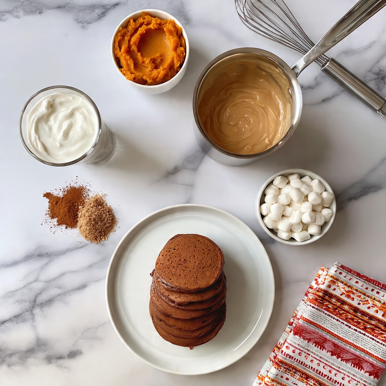 square image The image shows a white marble surface with a stack of six chocolate pancakes on a white plate in the center bottom. Above the plate is a saucepan filled with creamy caramel sauce and a whisk on the top right. On the left side, there is a glass cup with white cream and two small piles of cinnamon powder and brown sugar below it. Above the saucepan, there is a small white bowl with orange pumpkin puree. On the right side of the plate, there is a small white bowl filled with small marshmallows. A folded napkin with red, white, and orange patterns is placed on the bottom right corner. photo taken with an iphone --ar 4:5 --v 7