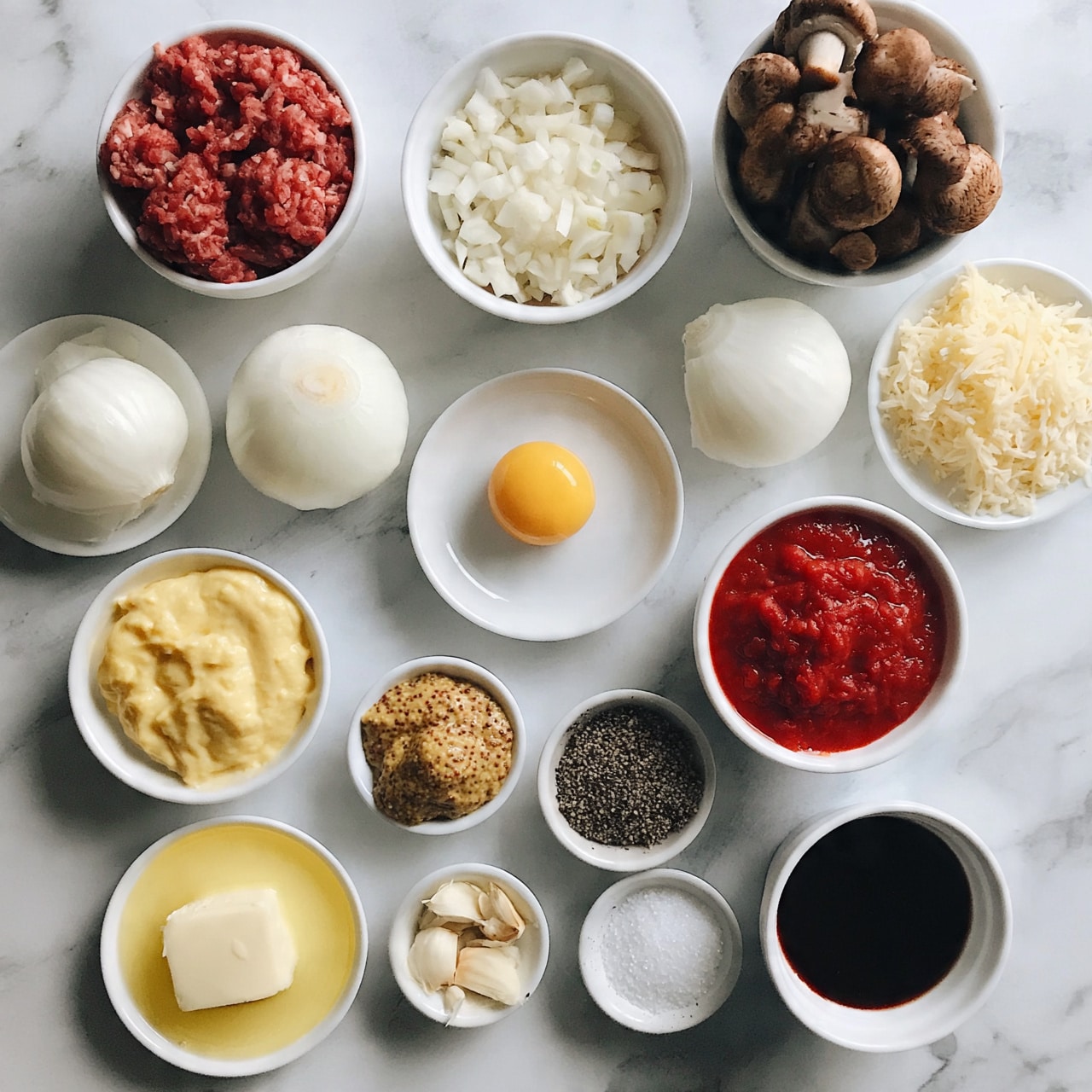 square image The image shows various ingredients arranged neatly on a white marbled surface. There are small white bowls and plates holding ground meat, chopped onions, whole mushrooms, an egg, tomato sauce, grated cheese, black pepper, salt, mustard, melted butter, garlic cloves, and a dark sauce. The colors include the bright red of the meat and tomato sauce, creamy yellow of the mustard and butter, white of the bowls and onions, and earthy tones of the mushrooms and garlic. All items are evenly spaced across the surface, creating a clean and organized look. photo taken with an iphone --ar 4:5 --v 7