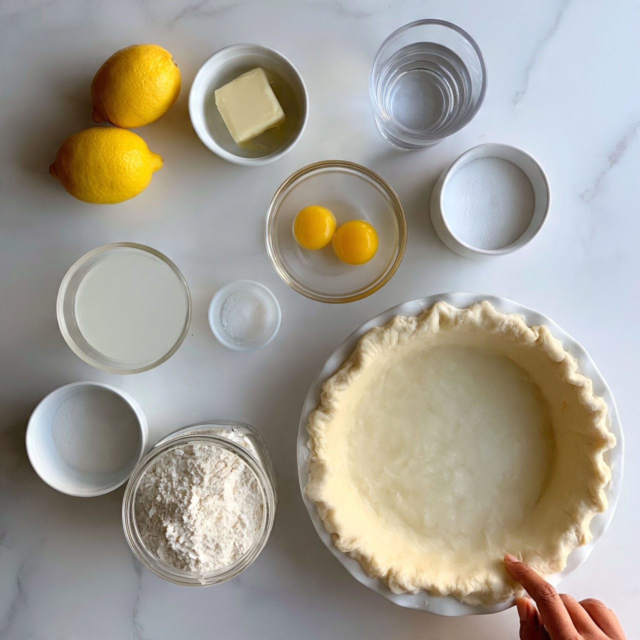 square image The image shows a white pie crust in a round white pie dish at the bottom right, ready for filling. Around it are small bowls and containers arranged on a white marbled surface: two whole yellow lemons at the top left, a small white bowl of butter next to them, a glass cup with clear water at the top right, a white cup of white sugar below the water, a clear bowl with two raw yellow egg yolks in the middle, a clear cup filled with clear egg whites next to the egg yolks, a small white bowl with a white powder at the bottom left, a clear jar filled with white flour beside that, and a small white bowl with salt nearby. A woman's finger is gently touching the edge of the pie crust. The colors are soft and natural with mostly white bowls and a light, creamy pie crust. photo taken with an iphone --ar 4:5 --v 7