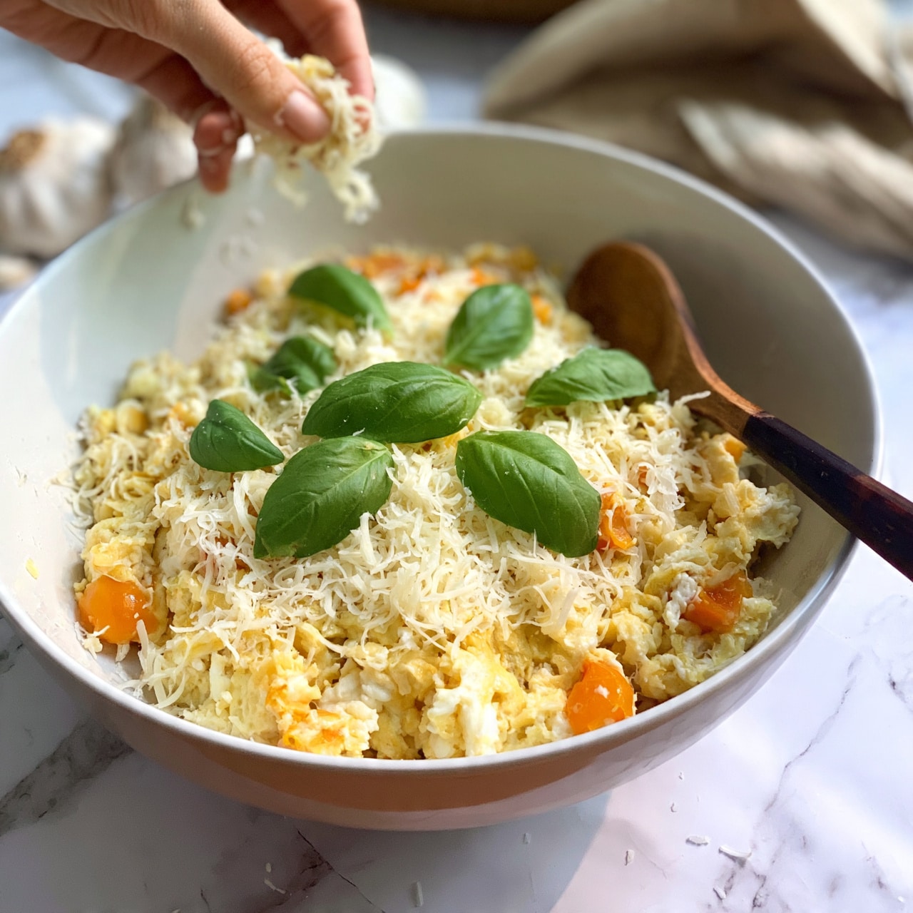 square image A white bowl sits on a white marbled surface filled with three main layers: at the bottom is a mix of light yellow scrambled eggs with small pieces of orange cherry tomatoes, the middle layer is a light dusting of finely shredded pale white cheese spread evenly across the eggs, and the top layer consists of several fresh bright green basil leaves scattered on top. A wooden spoon with a dark handle rests inside the bowl on the right side, and a woman's hand reaches from the top left holding some shredded cheese above the bowl, with garlic bulbs and a beige cloth in the blurred background. Photo taken with an iphone --ar 4:5 --v 7