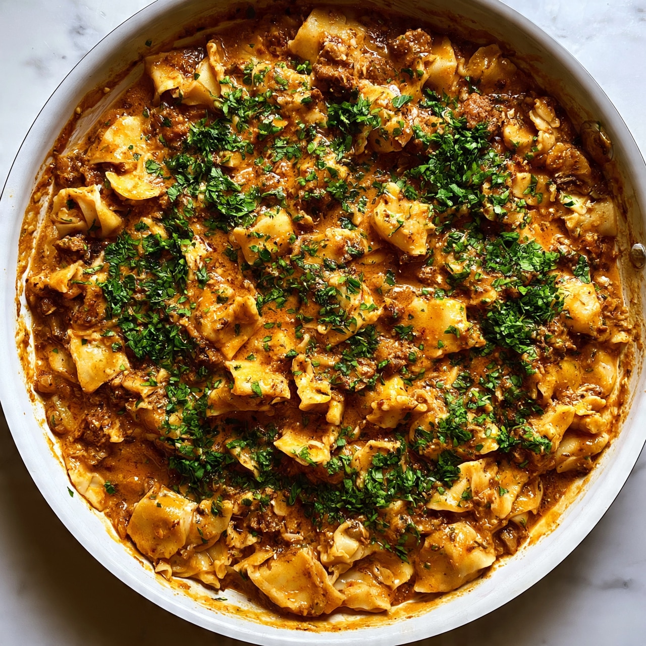 square image The image shows a white pan filled with cooked pasta pieces mixed with a thick orange-brown sauce, scattered with small bits of meat and topped with green herbs evenly spread over the surface. The pasta pieces are chunky and uneven in shape, soaked with sauce that has a rich, slightly oily texture. The pan is placed on a white marbled surface, and the colors mostly include warm tones of orange, brown, and green from the herbs. photo taken with an iphone --ar 4:5 --v 7