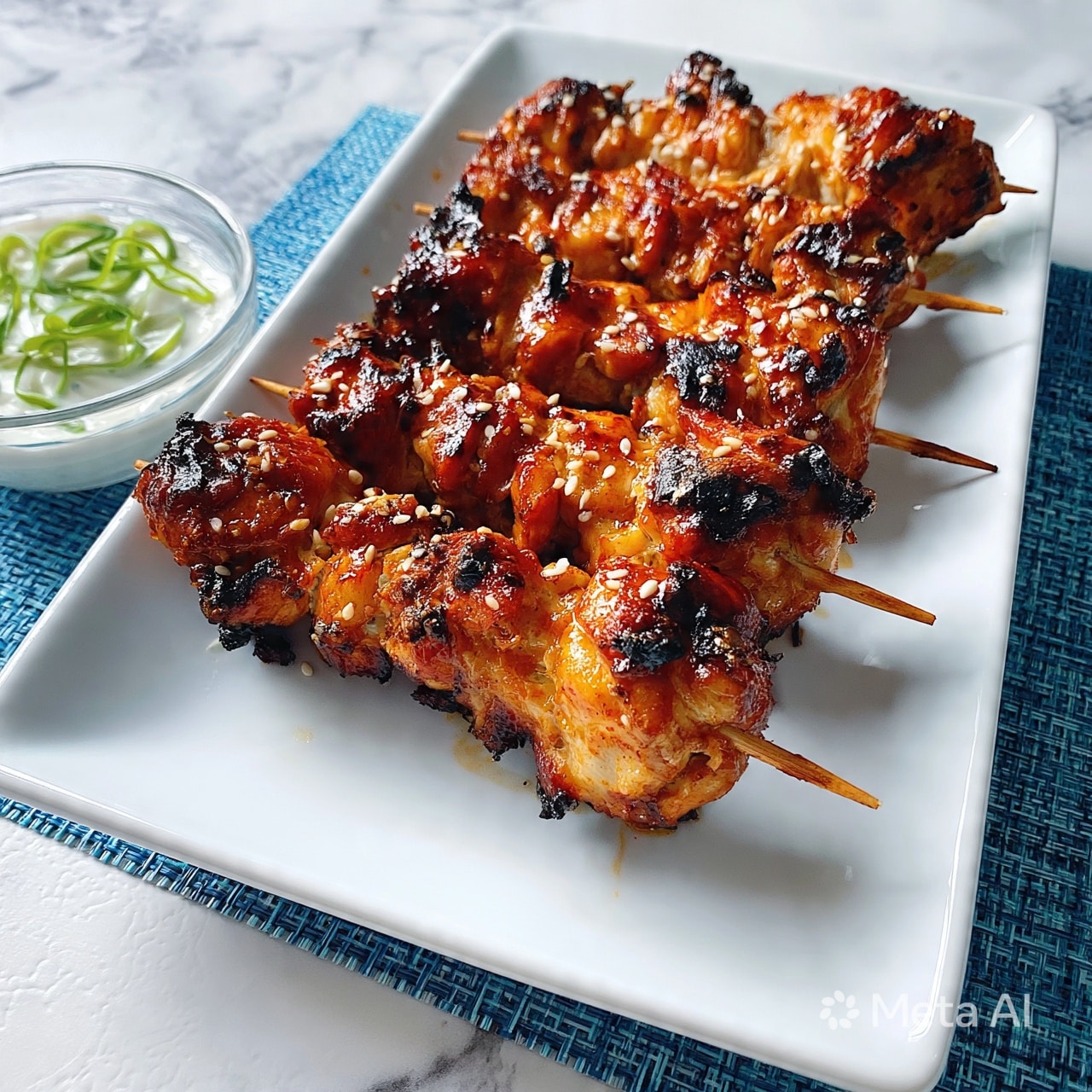 square image There are five wooden skewers, each holding several pieces of grilled chicken that are glazed with a shiny reddish-brown sauce. The chicken pieces are golden with charred black spots and sprinkled with small white sesame seeds. The skewers are placed closely together on a long, white rectangular plate, which sits on a blue woven placemat. To the left side of the plate, there is a small glass bowl containing a creamy white sauce topped with thin green slices that look like spring onions. The whole setup is on a white marbled texture. photo taken with an iphone --ar 4:5 --v 7