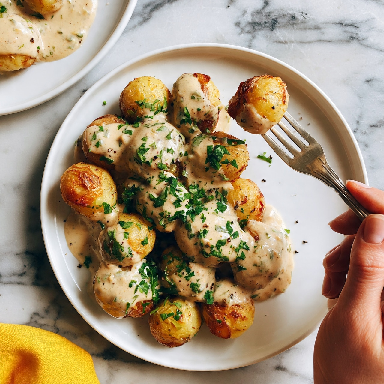 square image Two white plates on a white marbled surface hold small round potato pieces, light brown and roasted with a slightly crispy texture. Each potato piece is coated with a creamy light beige sauce mixed with small green herbs and black pepper flakes. The potatoes are garnished with fresh chopped green herbs scattered evenly on top. A woman's hand holds a fork lifting a piece of potato from the plate on the right. In the top left corner, the edge of the second plate is partially visible, showing the same dish, and a bright yellow cloth is on the marbled surface near the bottom left. Photo taken with an iphone --ar 4:5 --v 7